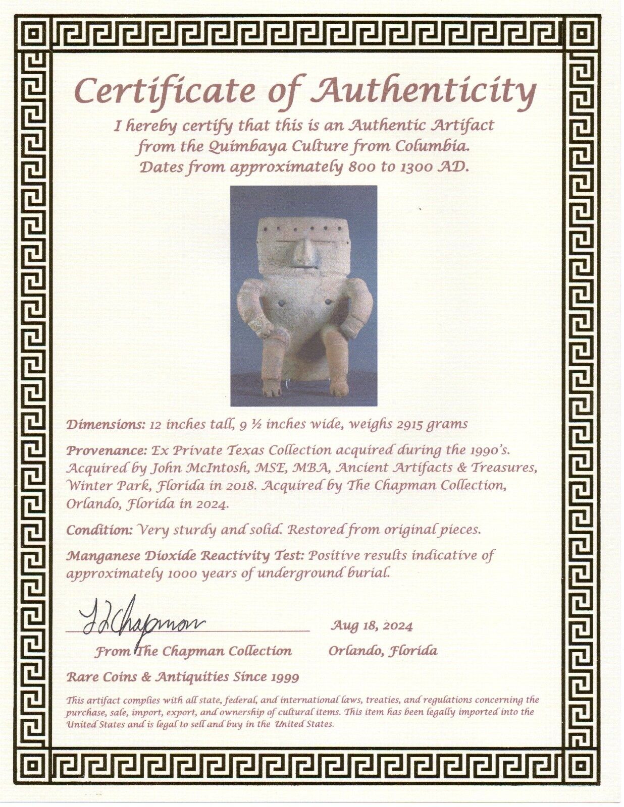 Authentic Pre Columbian Artifact Quimbaya Retablo Columbia 800-1300 AD COA J83