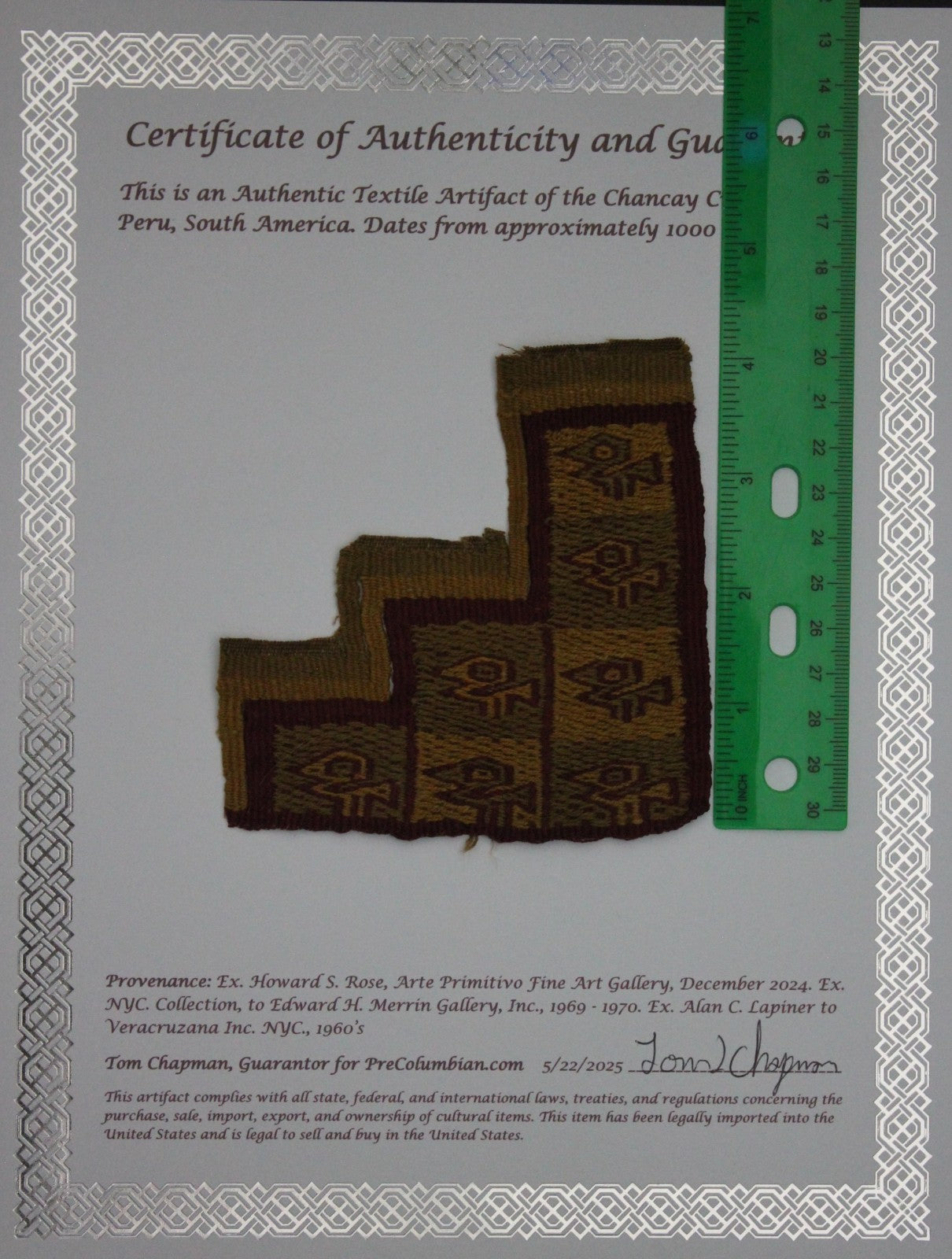 Authentic Pre Columbian Artifact Frameable Textile Border Chancay Peru COA 33