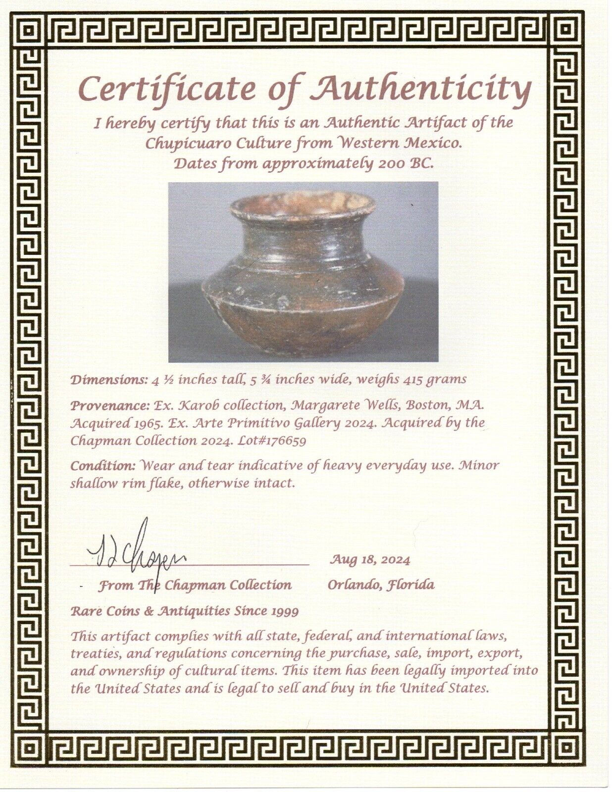 Authentic Pre Columbian Artifact Olla Pottery Chupicuaro Mexico 200 BC COA T88