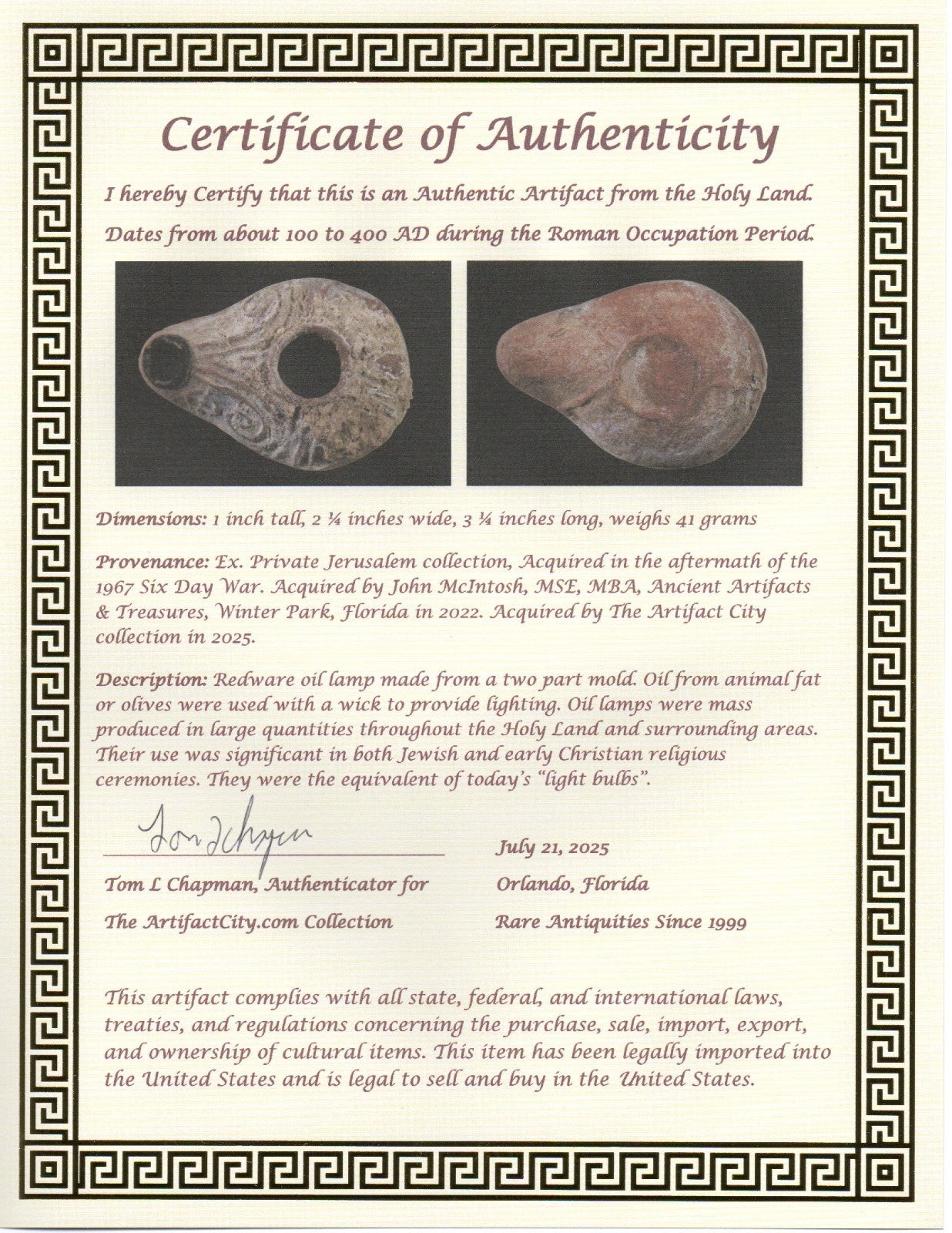 Jesus Christ Homeland Oil Lamp Authentic Holy Land Artifact 100 - 400 AD COA L03
