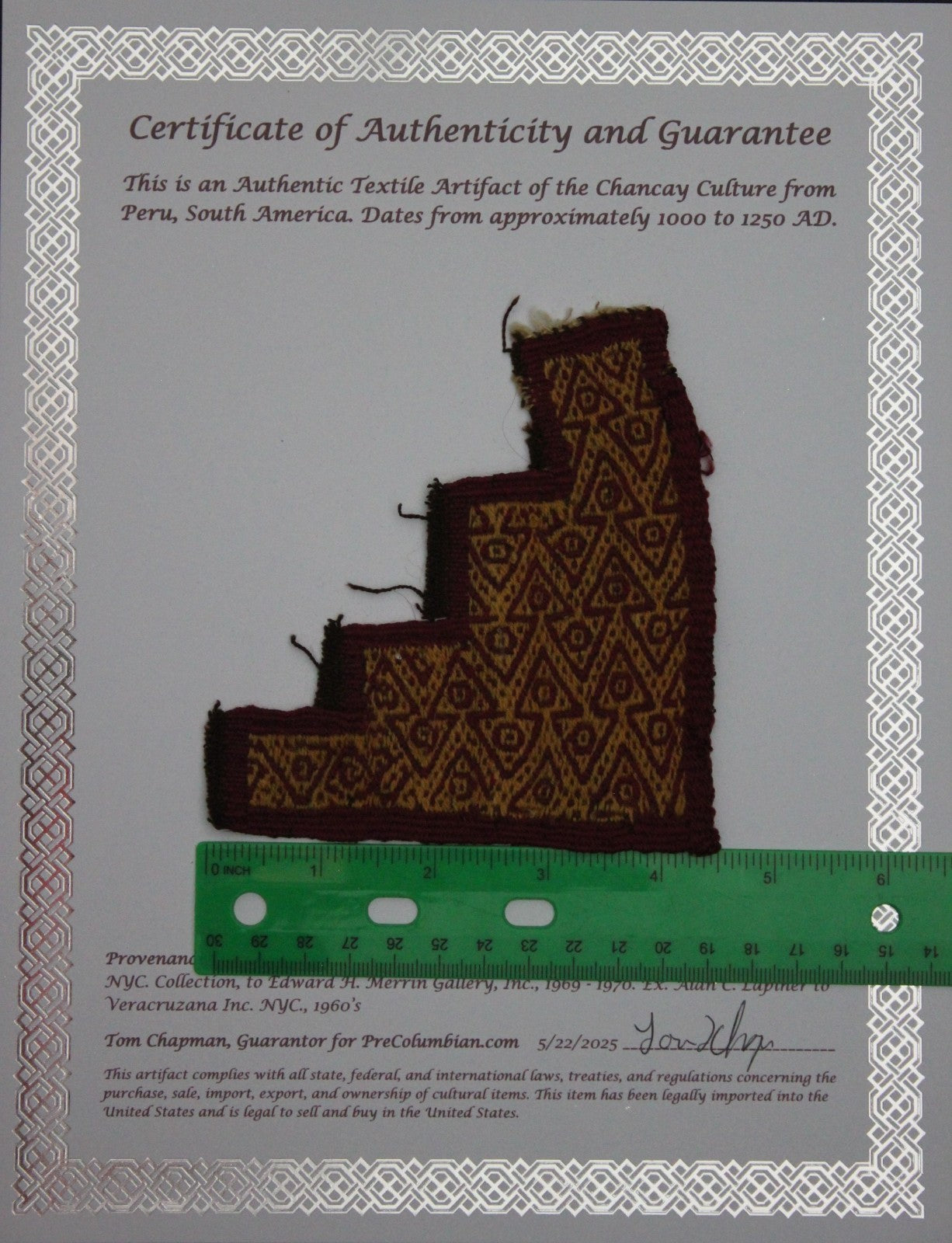Authentic Pre Columbian Artifact Frameable Textile Border Chancay Peru COA 20