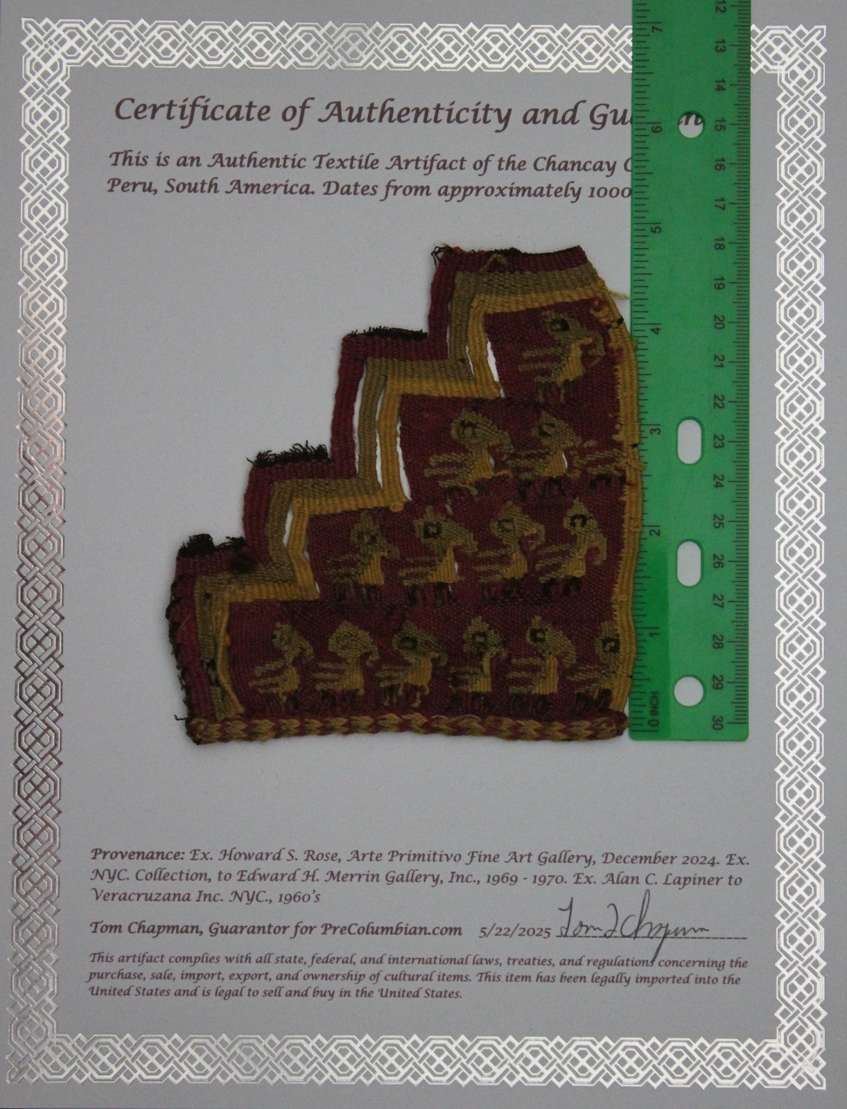 Authentic Pre Columbian Artifact Frameable Textile Border Chancay Peru COA 06