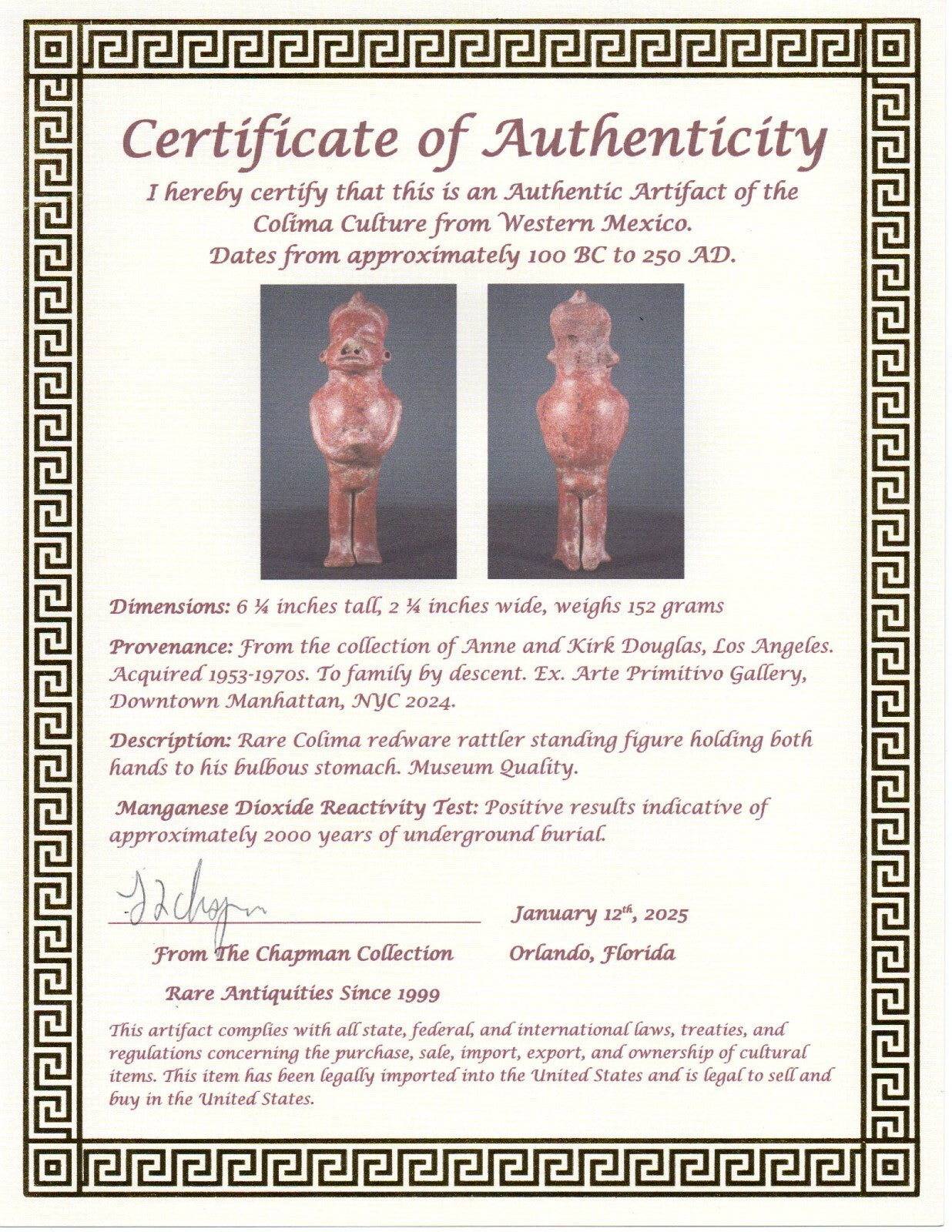 Ex Actor Kirk Douglas Authentic Pre Columbian Artifact Rattle Figure COA T110