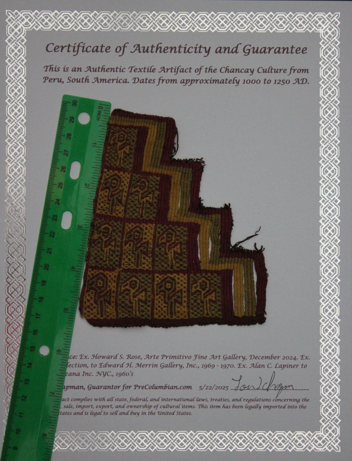 Authentic Pre Columbian Artifact Frameable Textile Border Chancay Peru COA 10