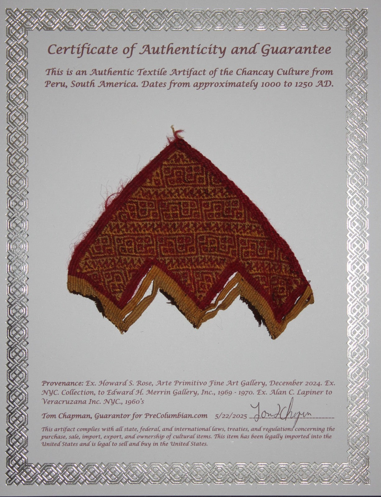 Authentic Pre Columbian Artifact Frameable Textile Border Chancay Peru COA 17