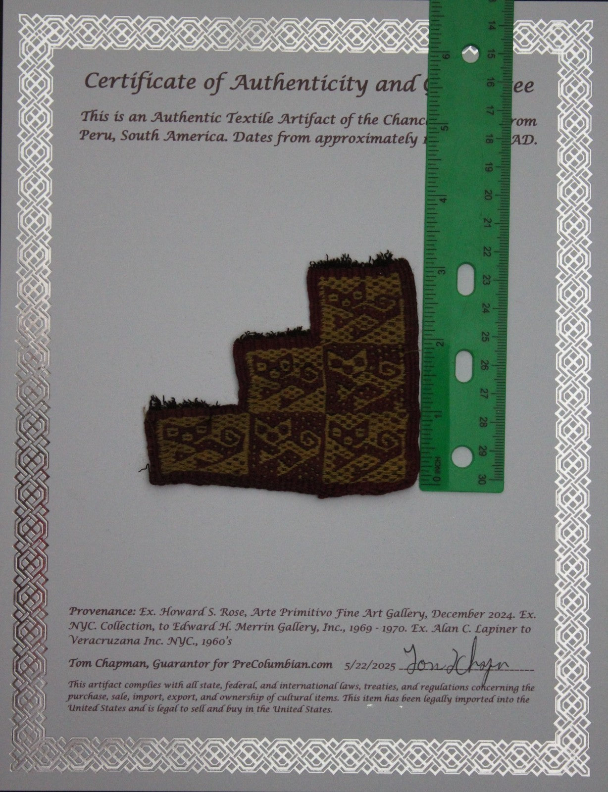 Authentic Pre Columbian Artifact Frameable Textile Border Chancay Peru COA 18