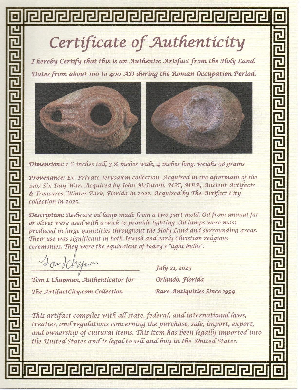 Jesus Christ Homeland Oil Lamp Authentic Holy Land Artifact 100 - 400 AD COA L02
