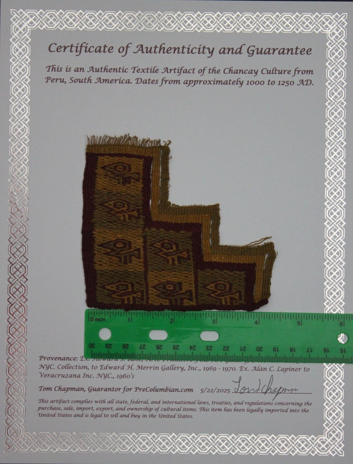 Authentic Pre Columbian Artifact Frameable Textile Border Chancay Peru COA 03