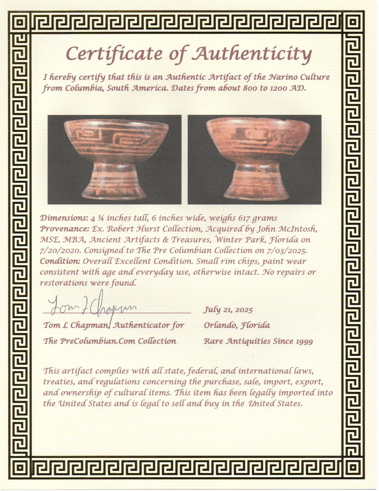 Authentic Pre Columbian Artifact Decorated Pedestal Bowl Narino Columbia COA J01