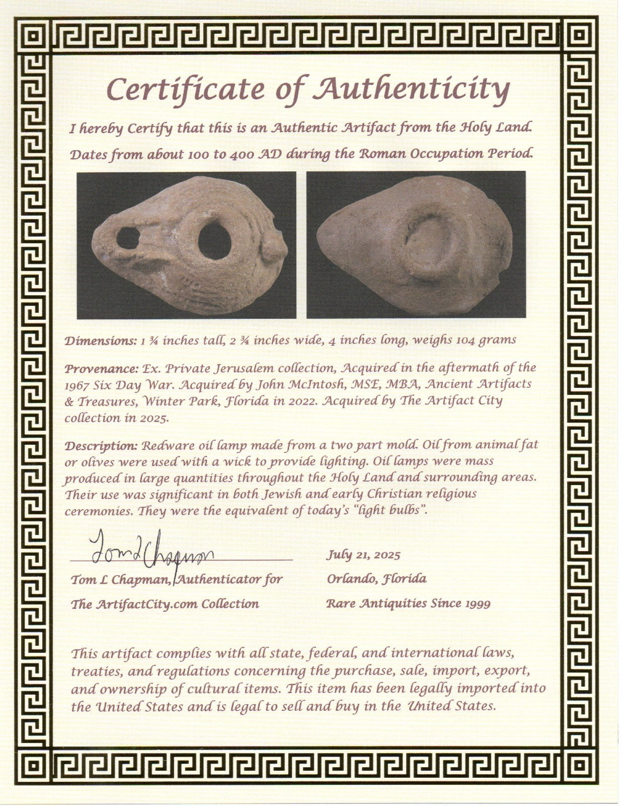 Jesus Christ Homeland Oil Lamp Authentic Holy Land Artifact 100 - 400 AD COA L10