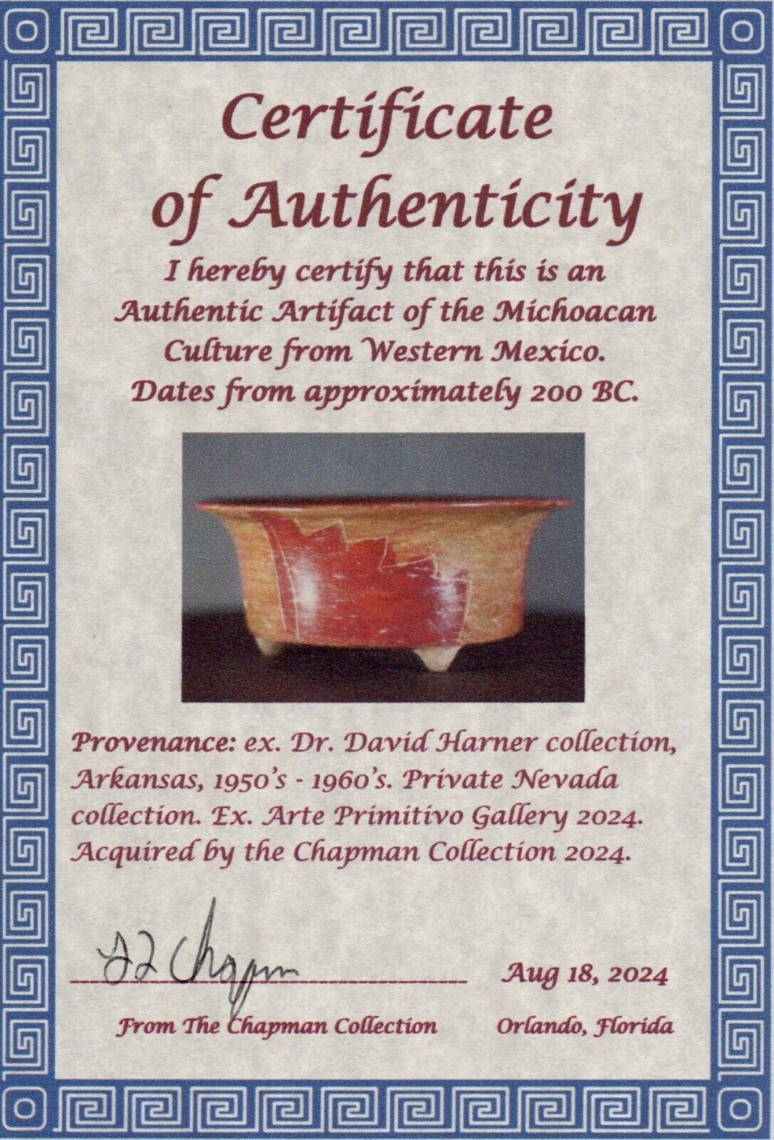 Authentic Pre Columbian Artifact Michoacan Pottery Bowl Arte Primitivo COA T25
