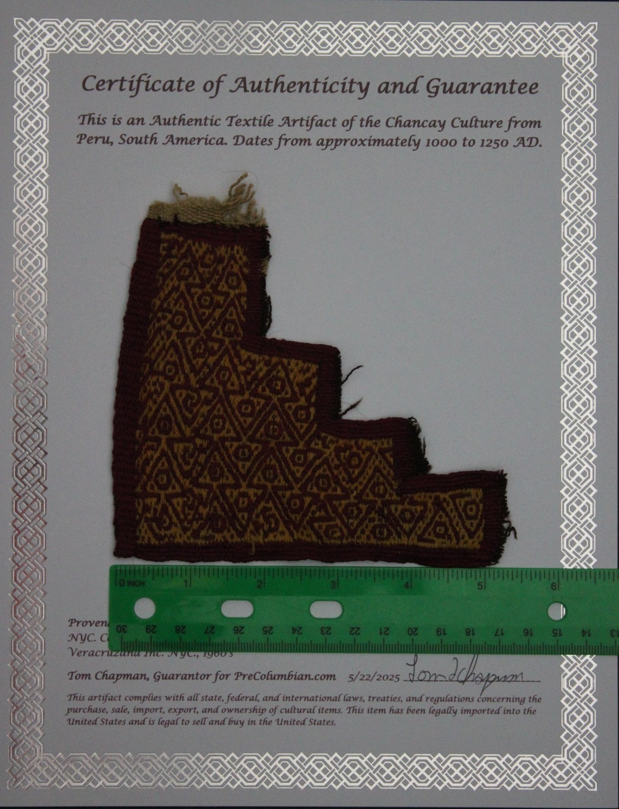 Authentic Pre Columbian Artifact Frameable Textile Border Chancay Peru COA 01