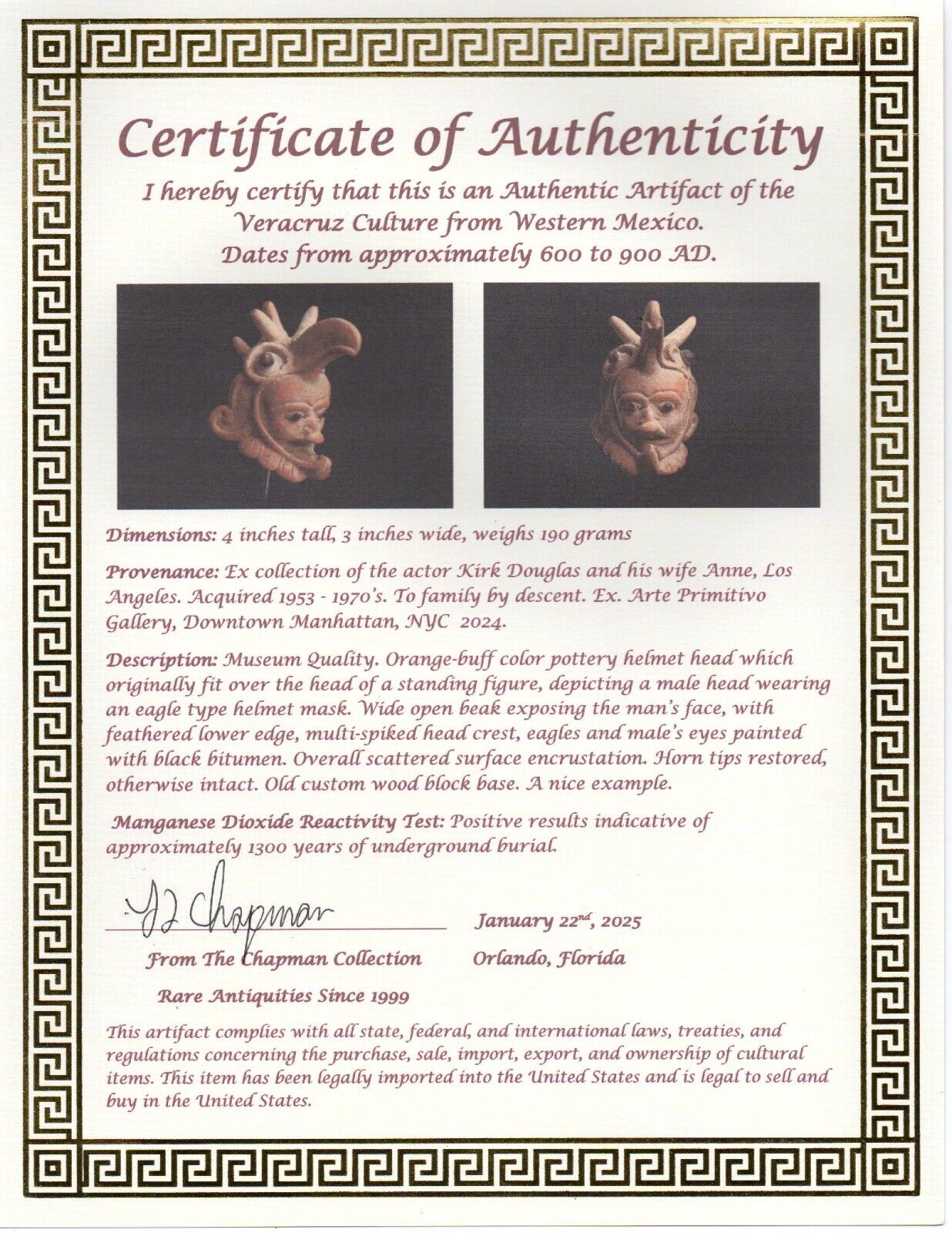 Ex Actor Kirk Douglas Authentic Pre Columbian Artifact Veracruz Helmet COA T112