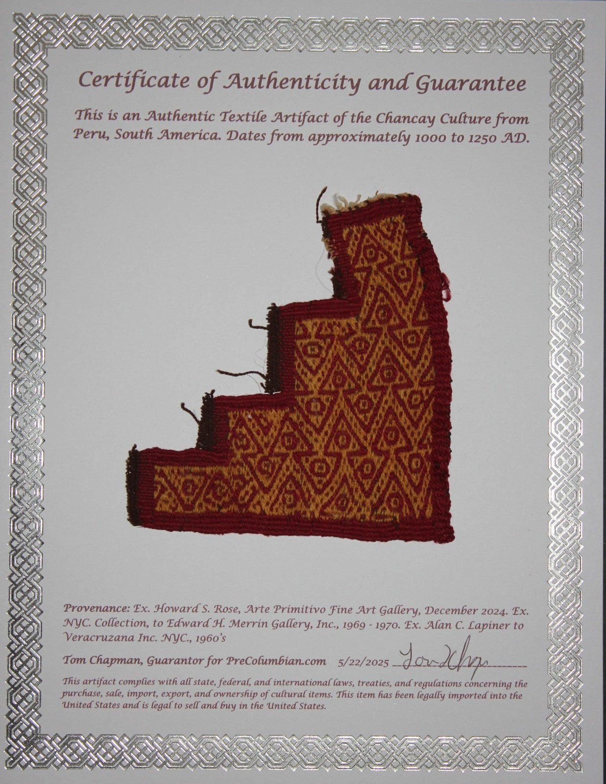 Authentic Pre Columbian Artifact Frameable Textile Border Chancay Peru COA 20
