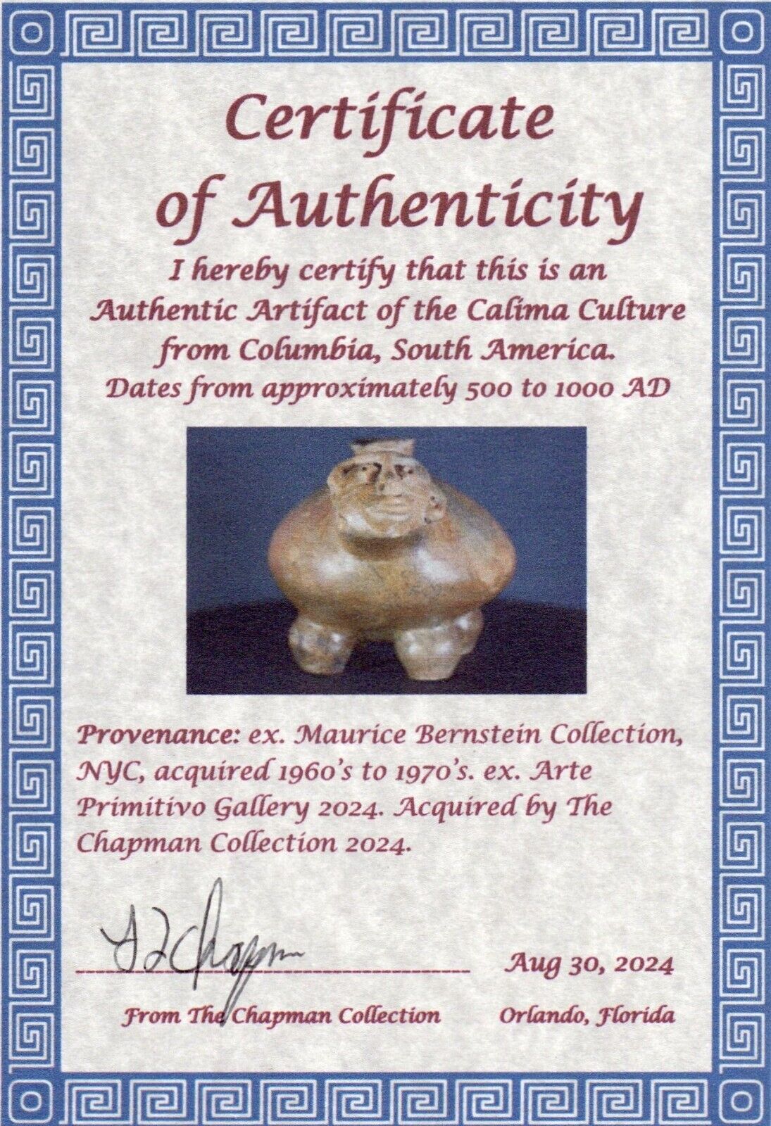 Authentic Pre Columbian Artifact Effigy Jar Calima Ex Arte Primitivo COA T30
