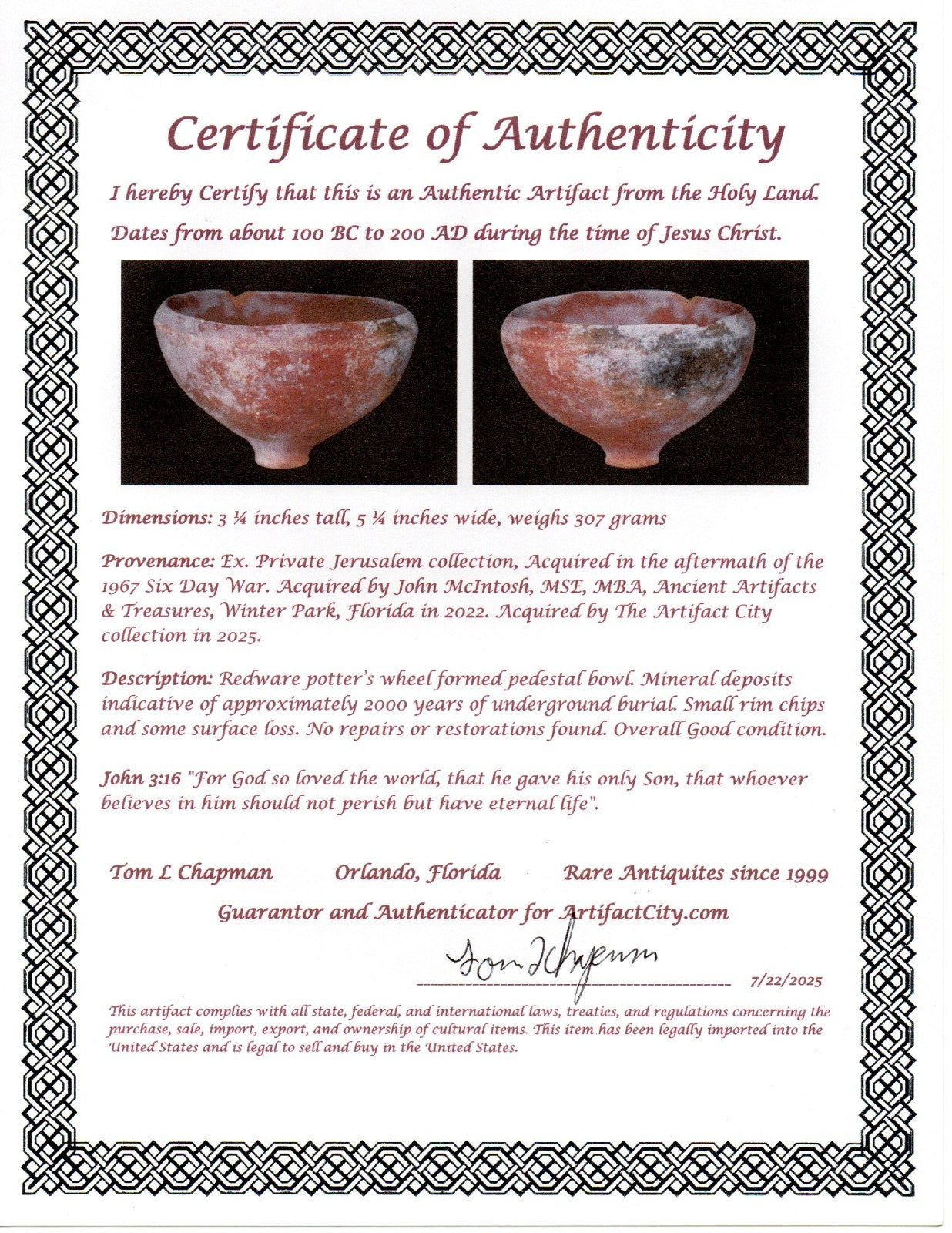 Holy Land Artifact Authentic From Time of Jesus Christ Bowl 100BC-200AD COA J135