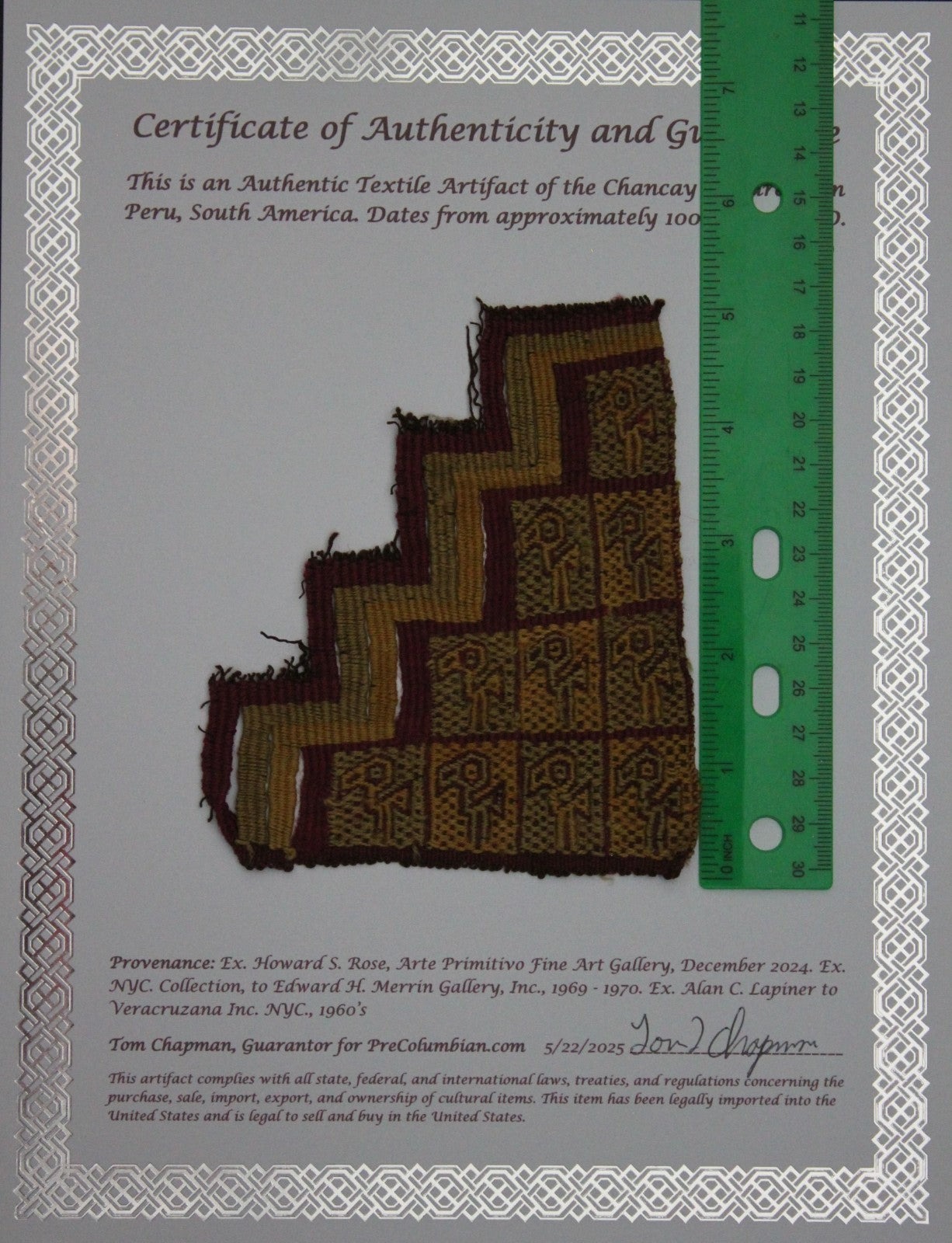Pre Columbian Artifact Authentic Frameable Textile Border Chancay Peru COA 15