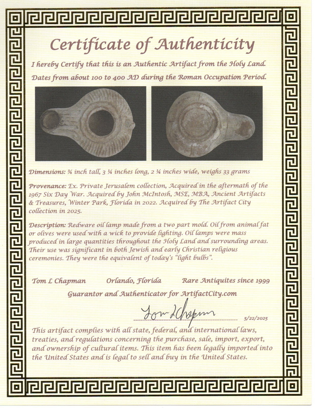 Jesus Christ Homeland Oil Lamp Authentic Holy Land Artifact 100-400 AD COA J109