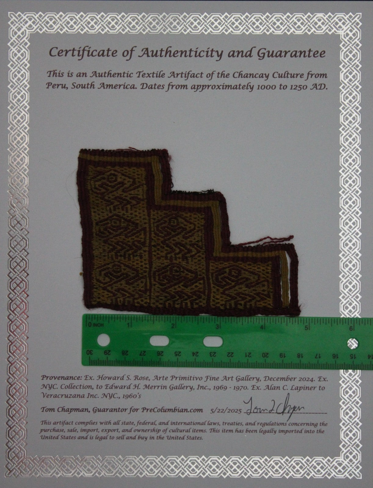 Authentic Pre Columbian Artifact Frameable Textile Border Chancay Peru COA 14
