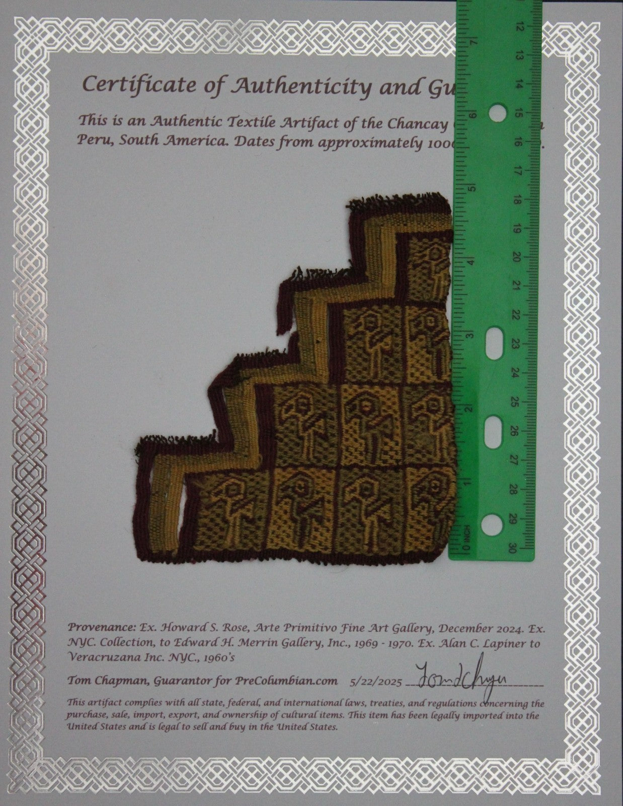 Authentic Pre Columbian Artifact Frameable Textile Border Chancay Peru COA 12