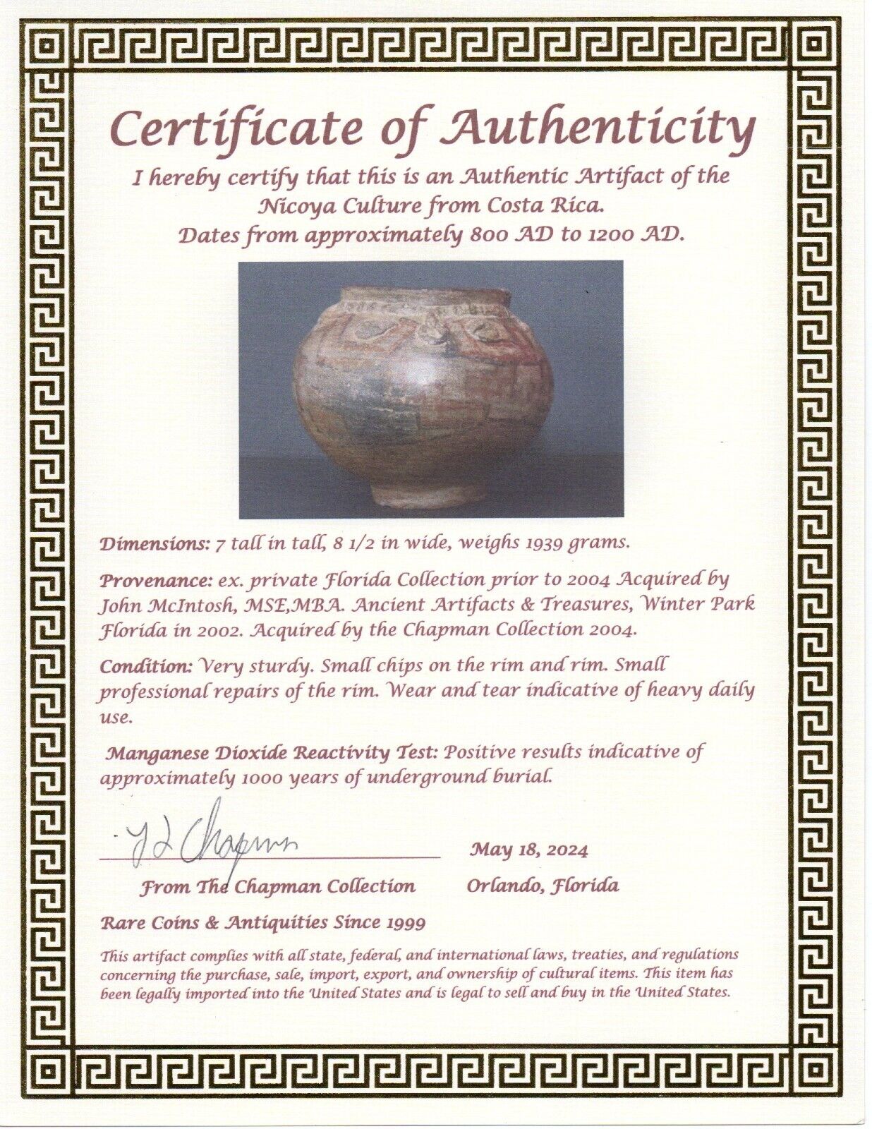 Authentic Pre Columbian Artifact Bowl Nicoya Costa Rica 800-1200 AD COA J22