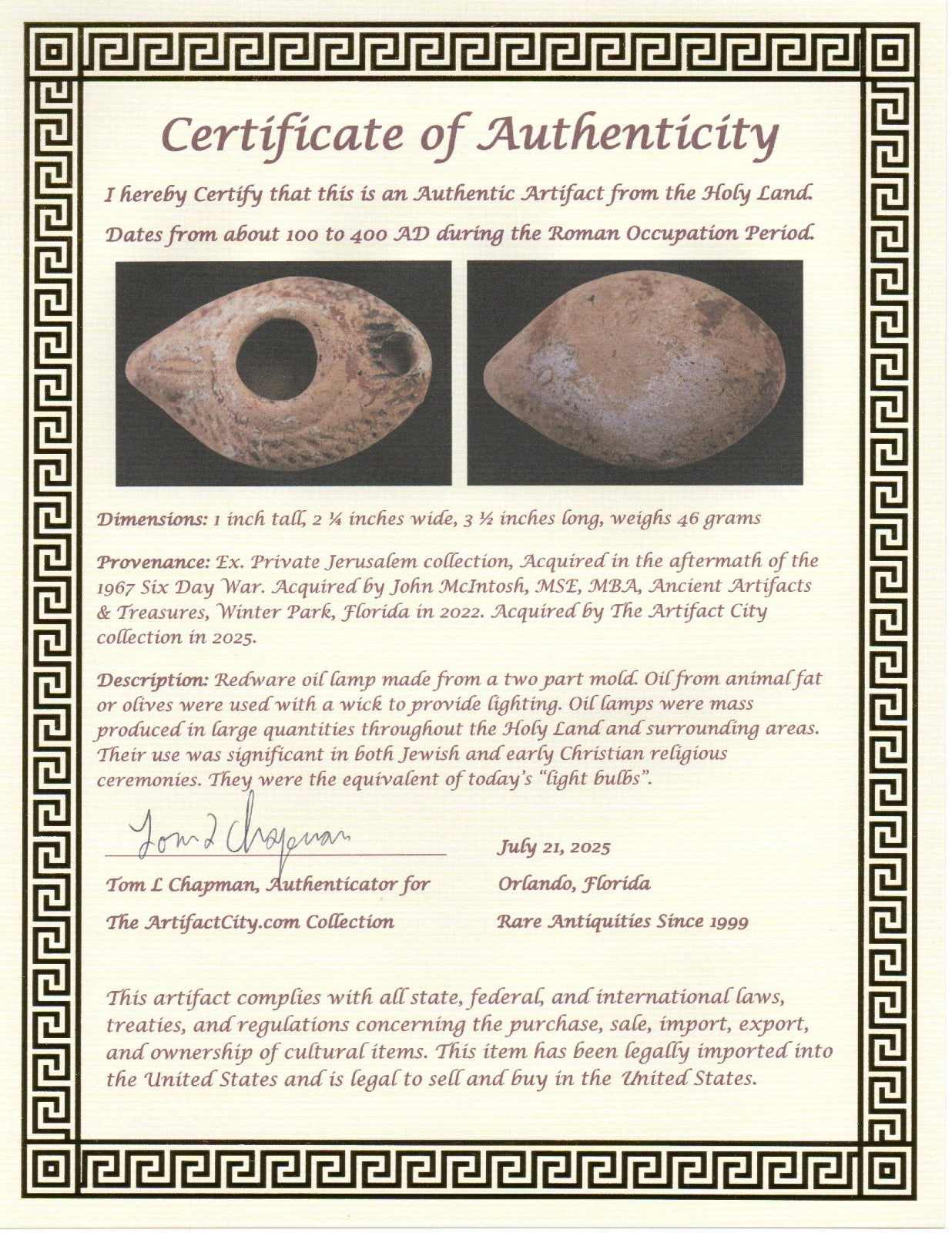 Jesus Christ Homeland Oil Lamp Authentic Holy Land Artifact 100 - 400 AD COA L04
