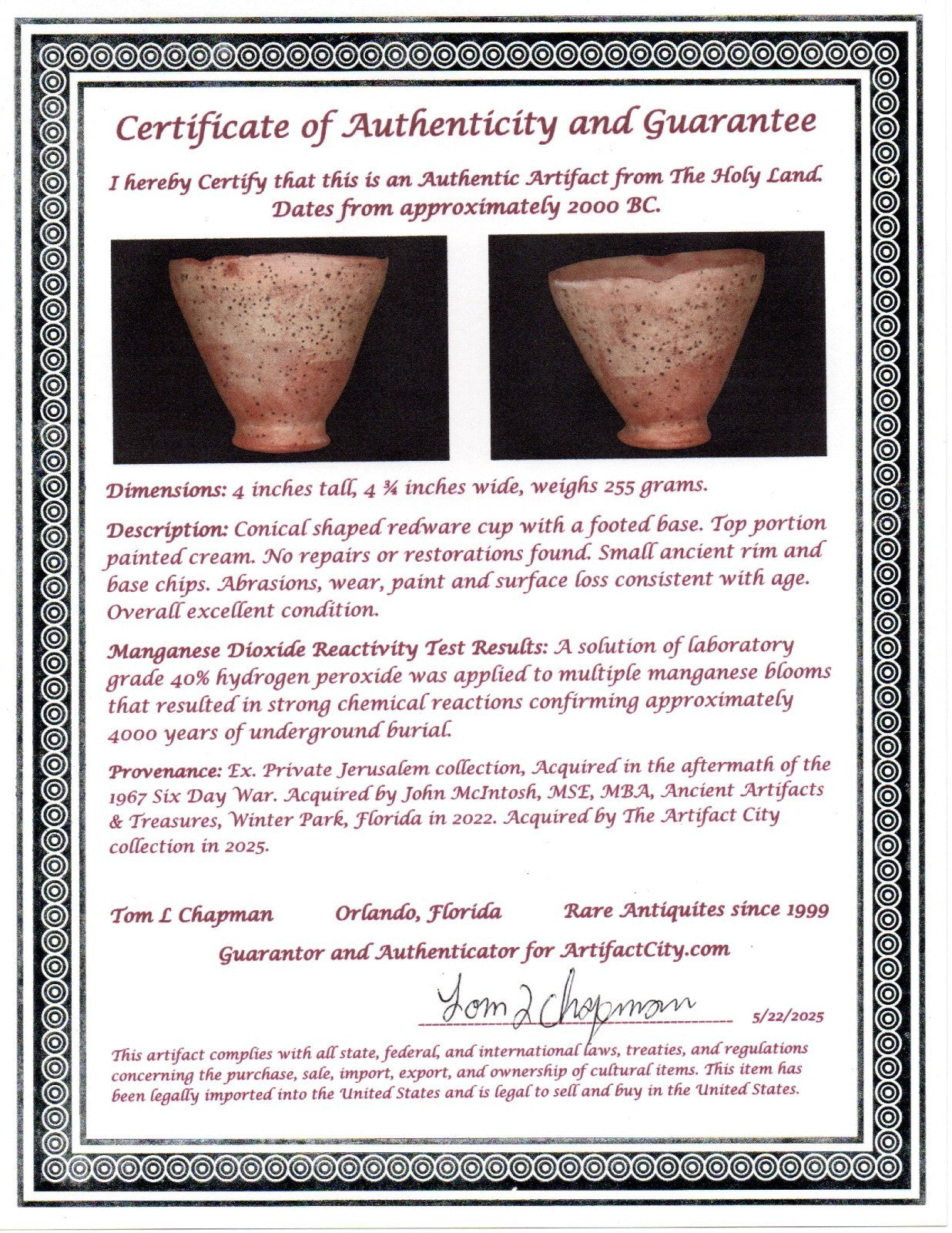 Holy Land Artifact Authentic 4000 Year Old Cup Time of Abraham 2000 BC COA J143