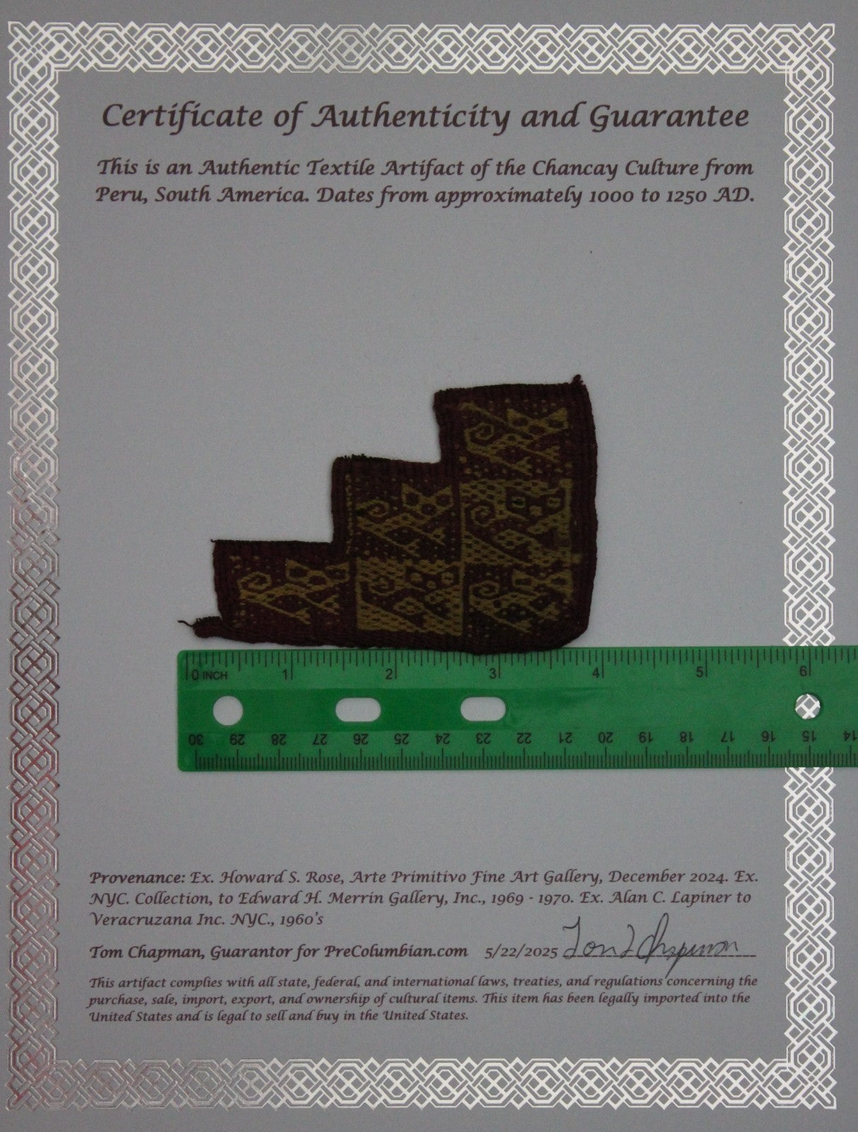 Authentic Pre Columbian Artifact Frameable Textile Border Chancay Peru COA 05