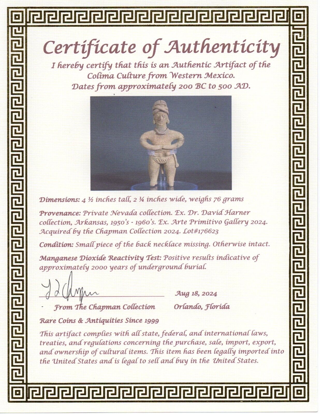 Authentic Pre Columbian Artifact Tomb Figure Colima Mexico 200 BC-500 AD COA T99