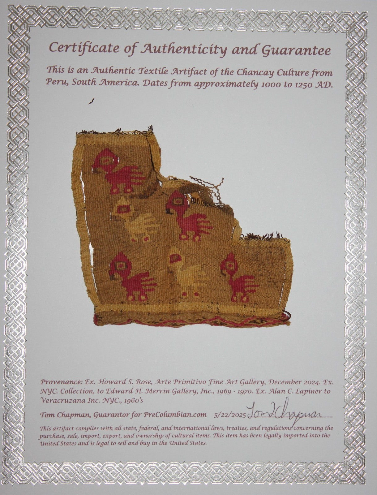 Authentic Pre Columbian Artifact Frameable Textile Border Chancay Peru COA 08