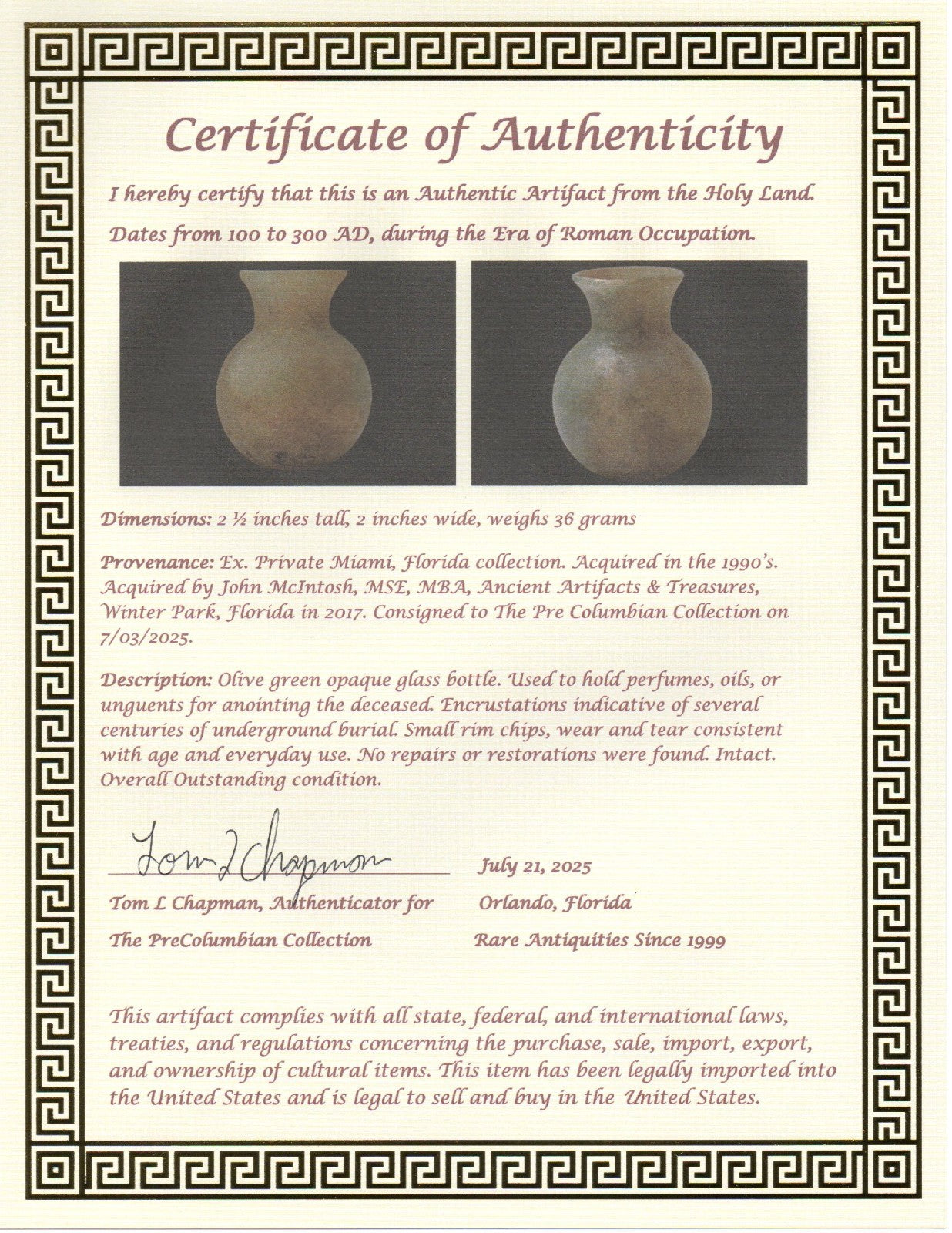 Authentic Ancient Holy Land Artifact Glass Bottle 100-300 AD Roman Era COA J17