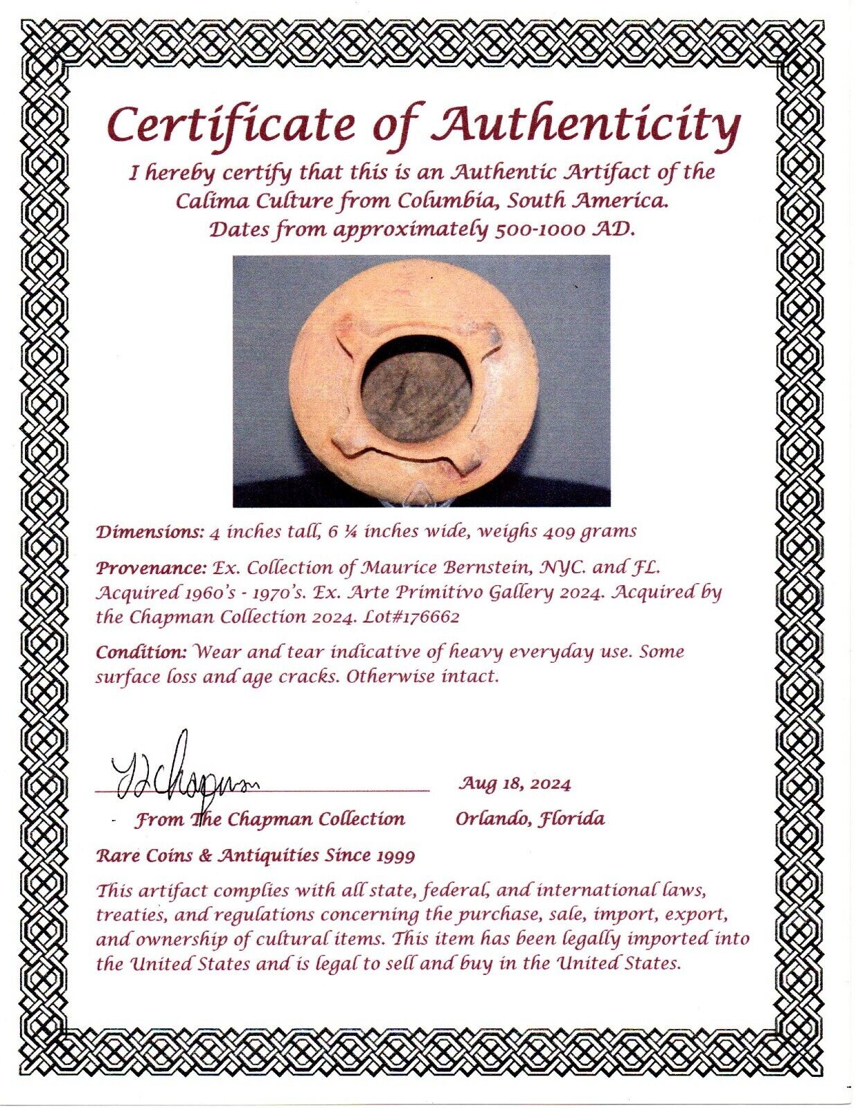 Authentic Pre Columbian Artifact Olla Jar Calima Ex Arte Primitivo COA T89