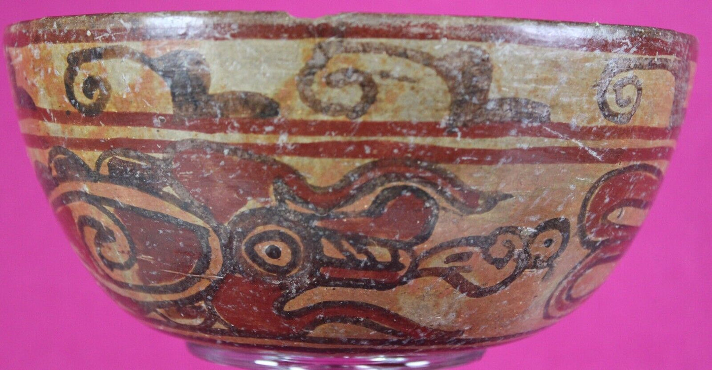 Flying Dragon Bowl Pre Columbian Mayan 300-900 AD Genuine Real Artifact COA J05