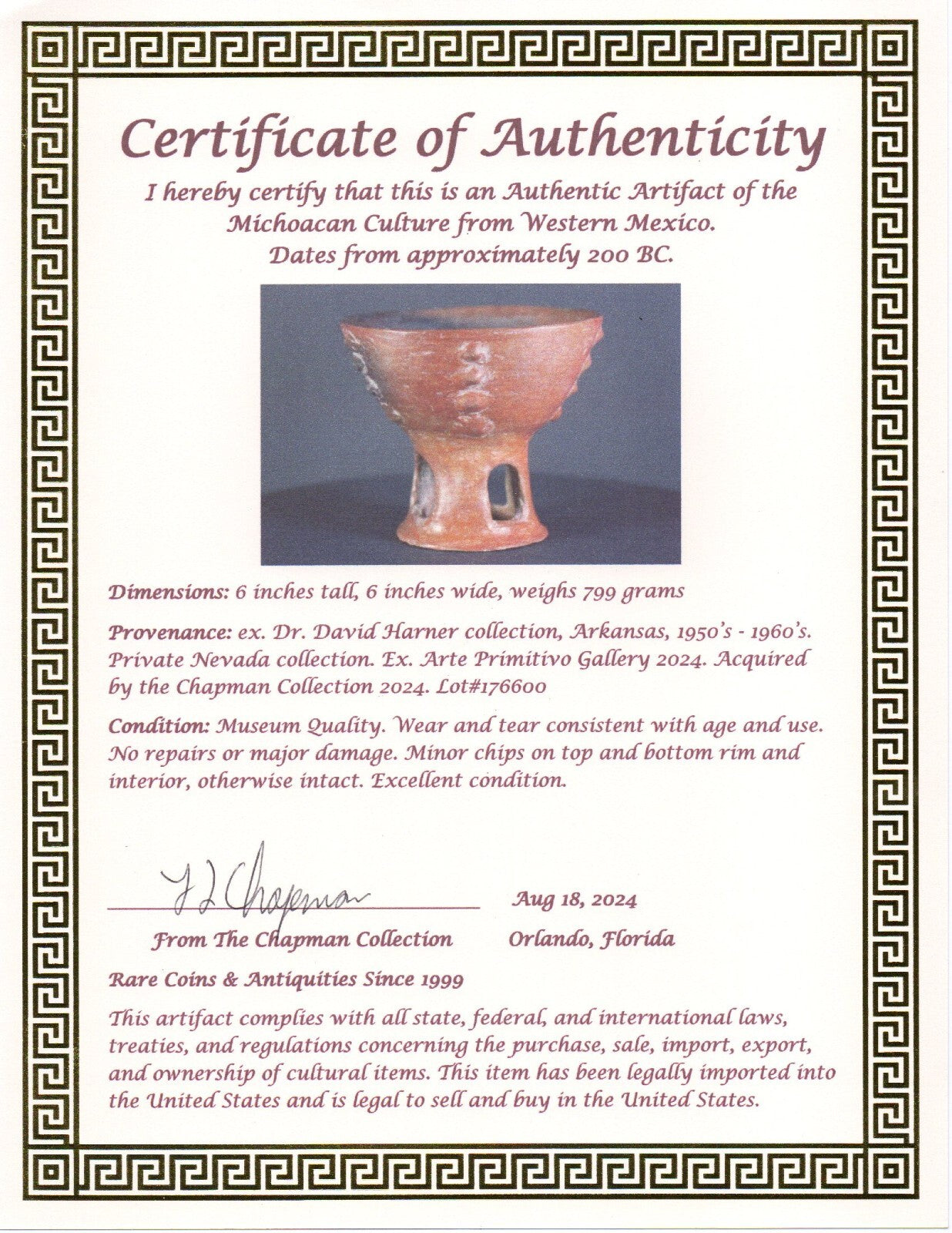 Authentic Pre Columbian Artifact Pedestal Bowl Michoacan Arte Primitivo COA T53