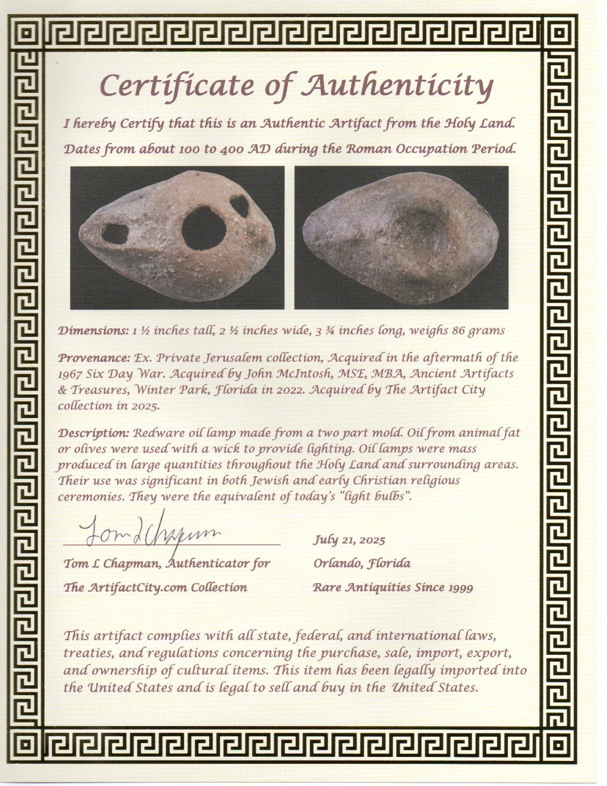 Jesus Christ Homeland Oil Lamp Authentic Holy Land Artifact 100 - 400 AD COA L09