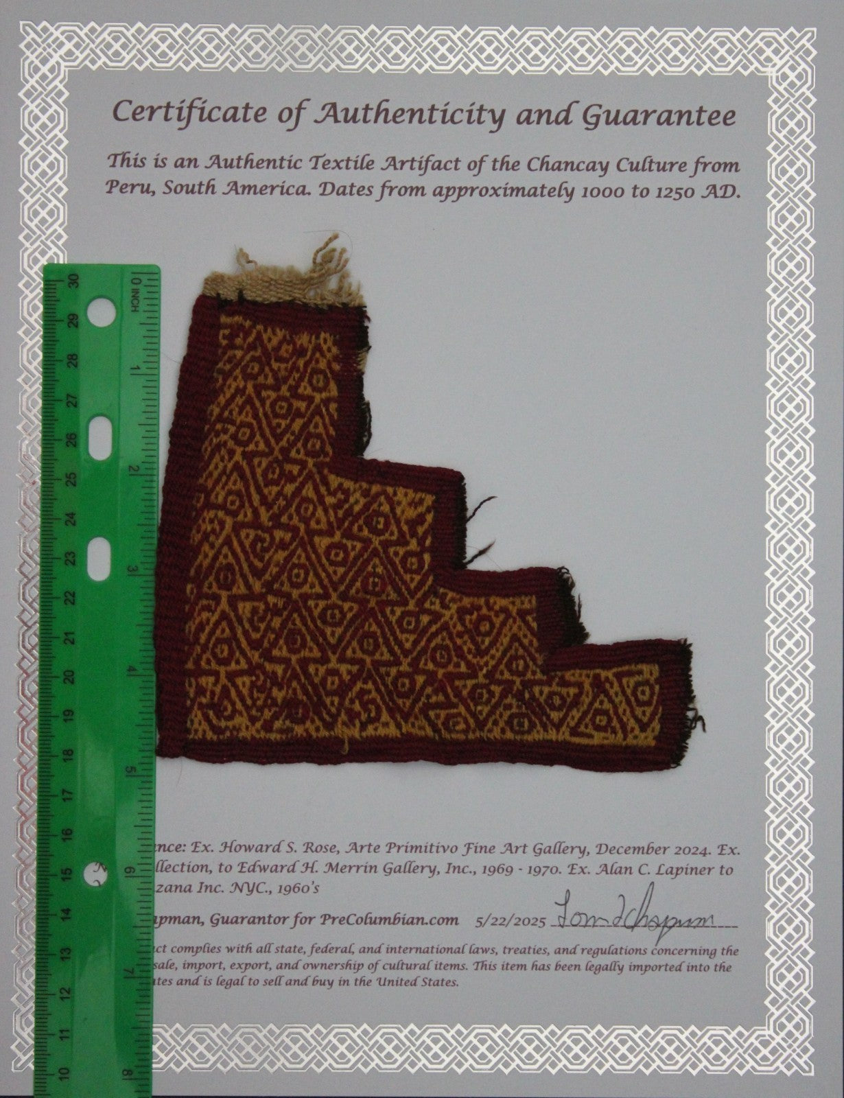 Authentic Pre Columbian Artifact Frameable Textile Border Chancay Peru COA 01