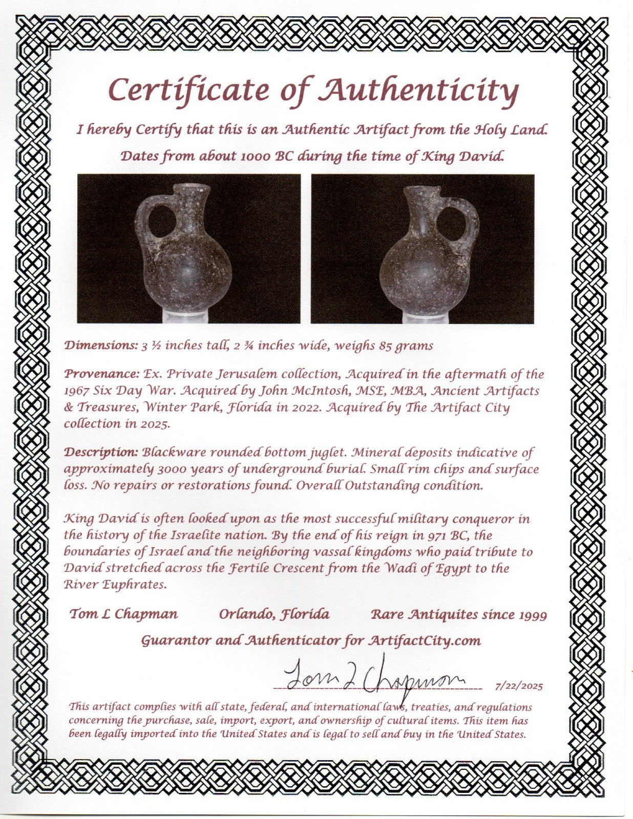 Holy Land Artifact Authentic 3000 Year Old Juglet King David Era 1000BC COA J132