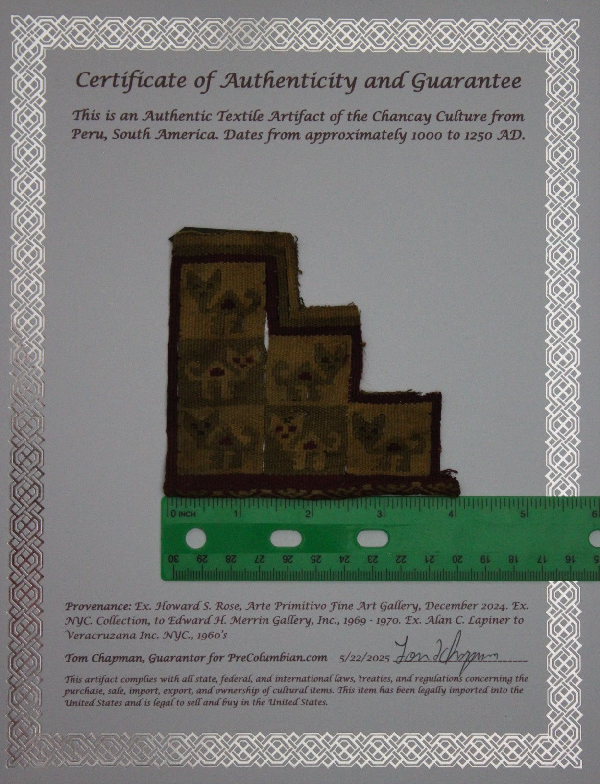 Authentic Pre Columbian Artifact Frameable Textile Border Chancay Peru COA 04