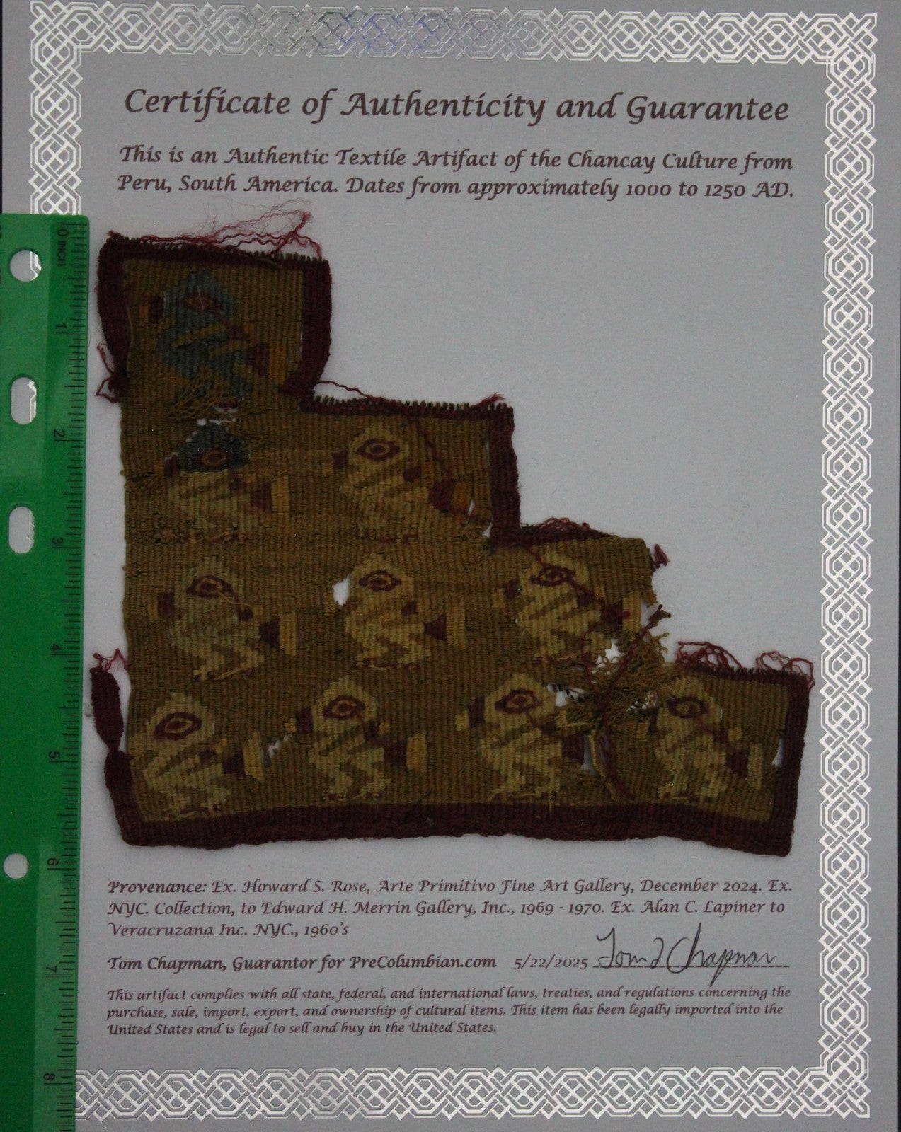 Authentic Pre Columbian Artifact Frameable Textile Border Chancay Peru COA 34