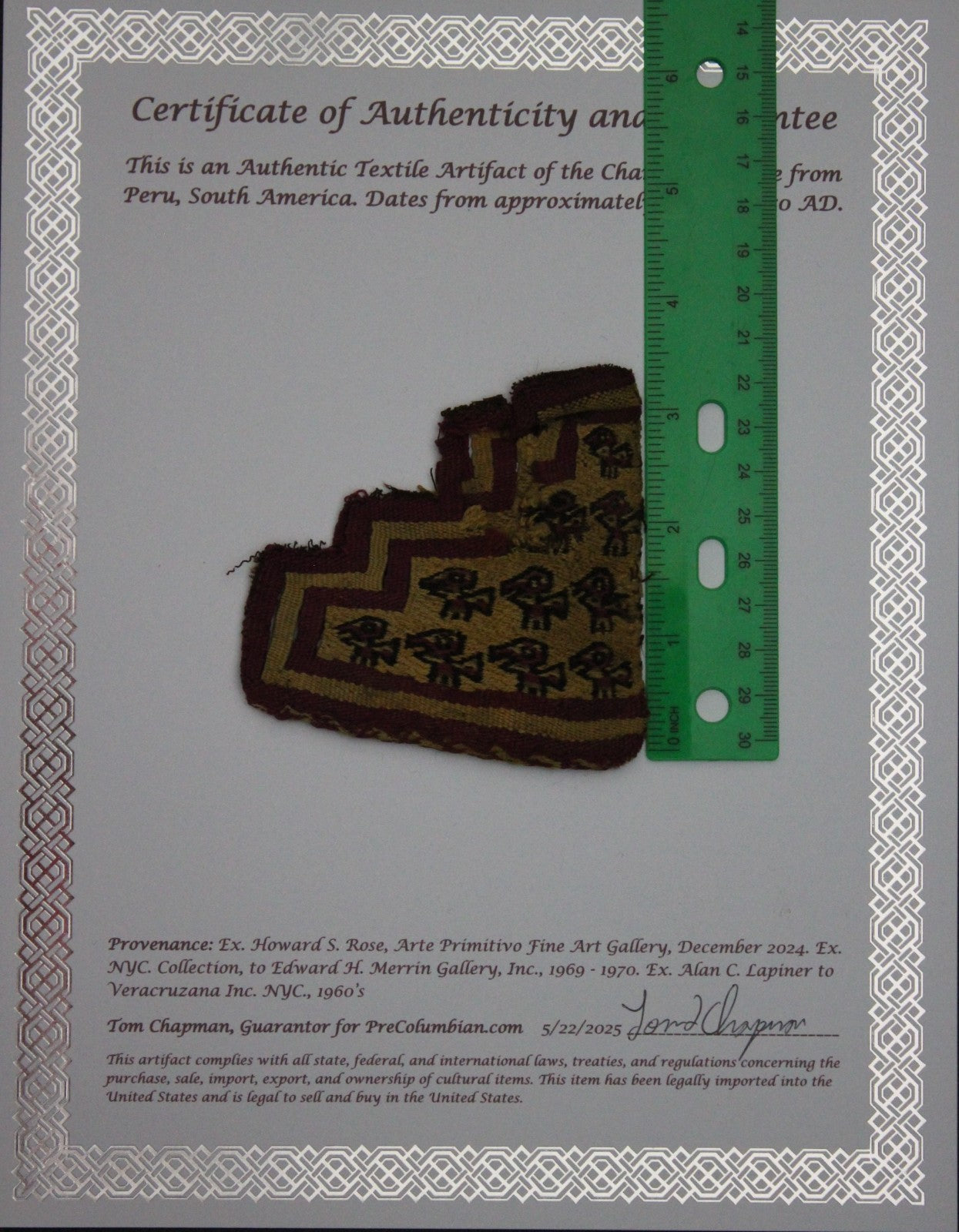 Authentic Pre Columbian Artifact Frameable Textile Border Chancay Peru COA 02