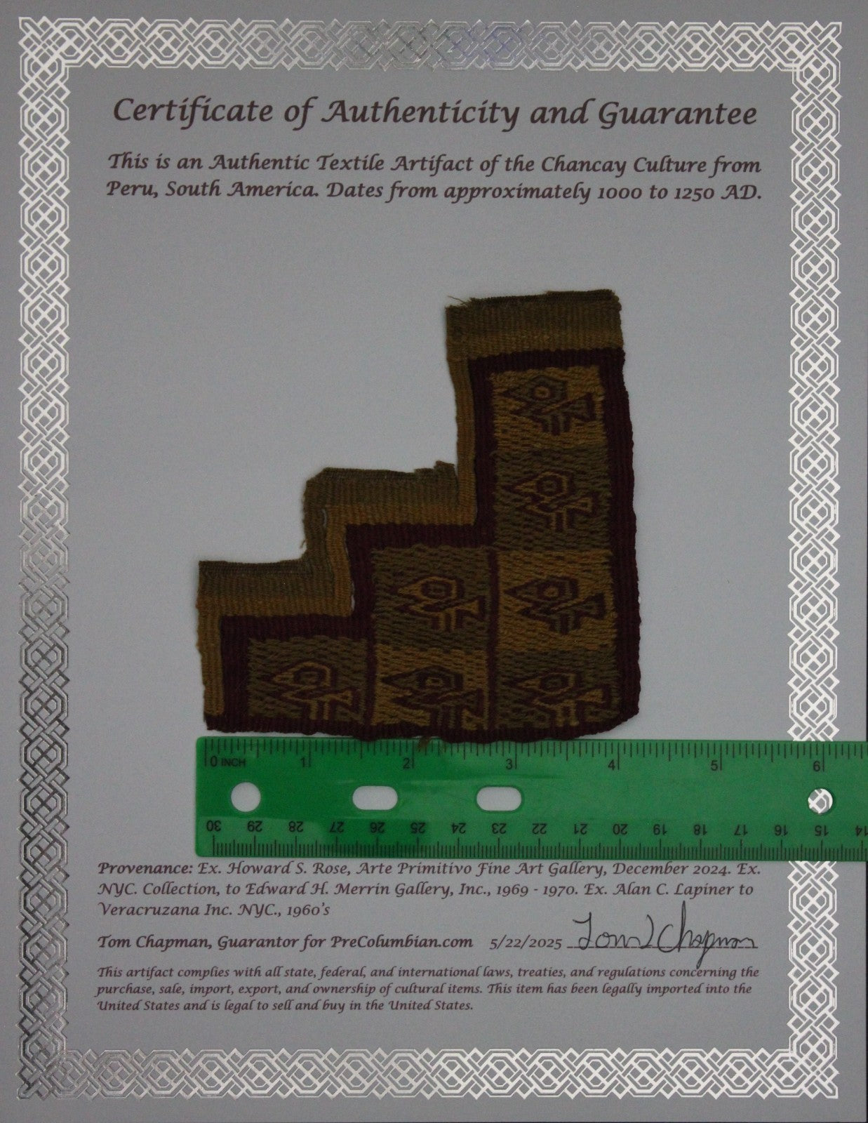 Authentic Pre Columbian Artifact Frameable Textile Border Chancay Peru COA 33