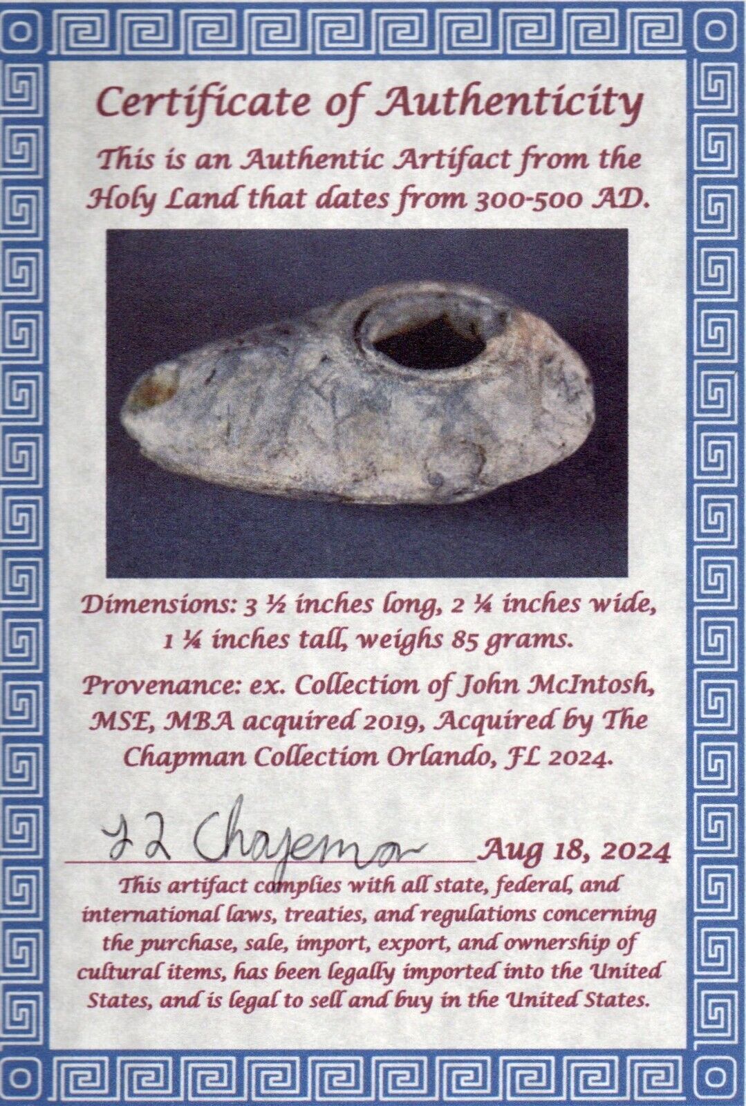 Holy Land Jesus Christ Homeland Artifact Oil Lamp Israel 300-500 AD with COA J45