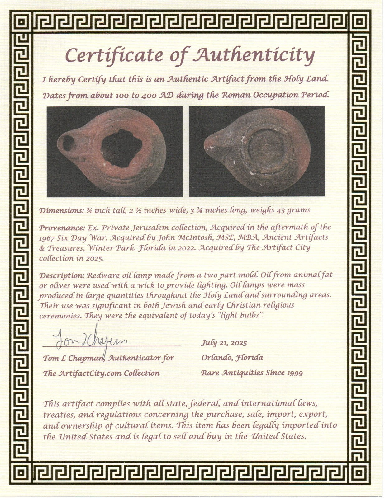 Jesus Christ Homeland Oil Lamp Authentic Holy Land Artifact 100 - 400 AD COA L06