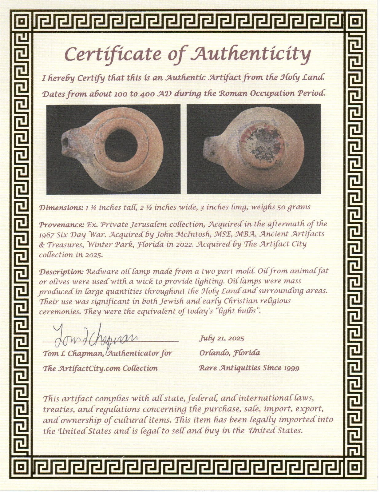 Jesus Christ Homeland Oil Lamp Authentic Holy Land Artifact 100 - 400 AD COA L05