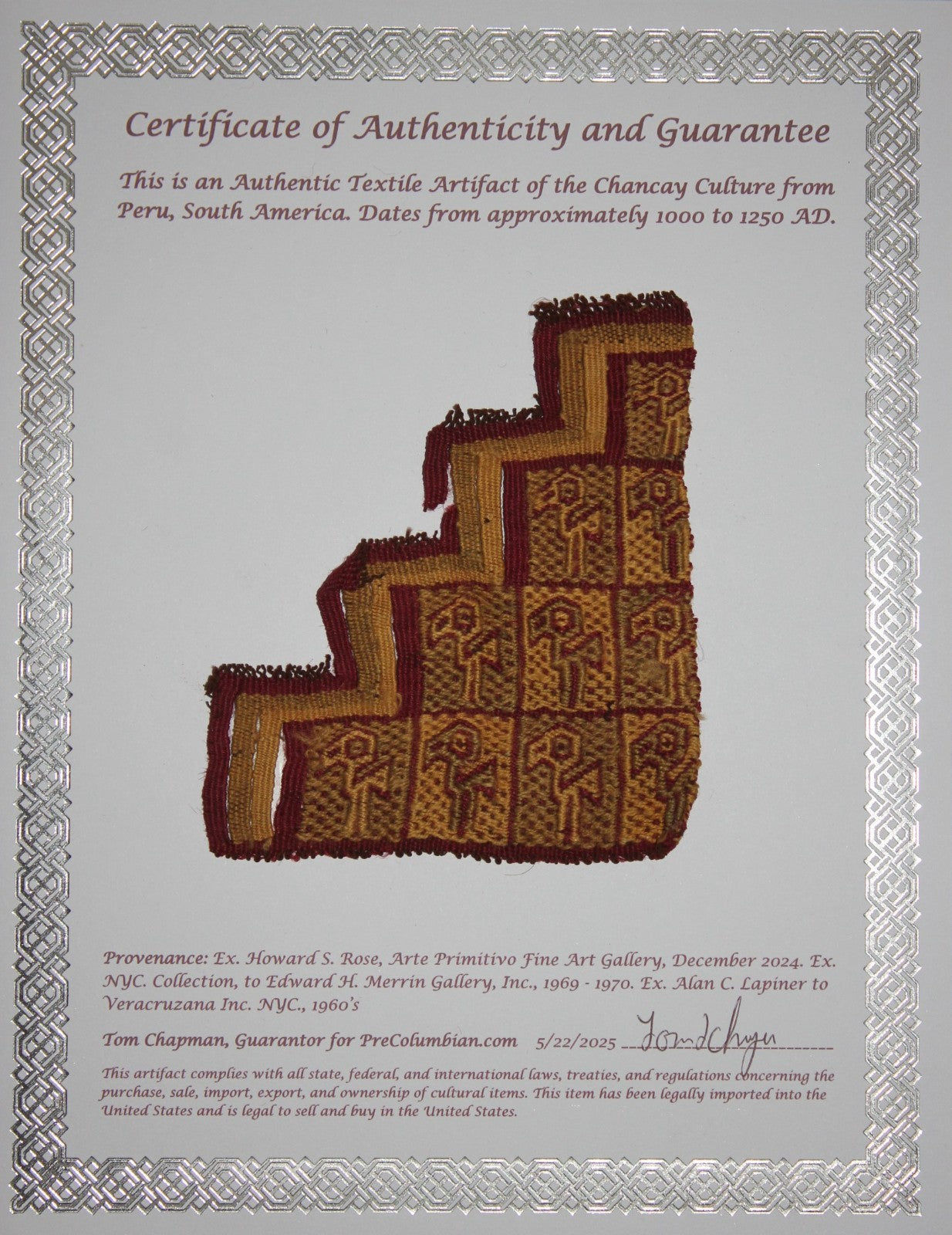 Authentic Pre Columbian Artifact Frameable Textile Border Chancay Peru COA 12