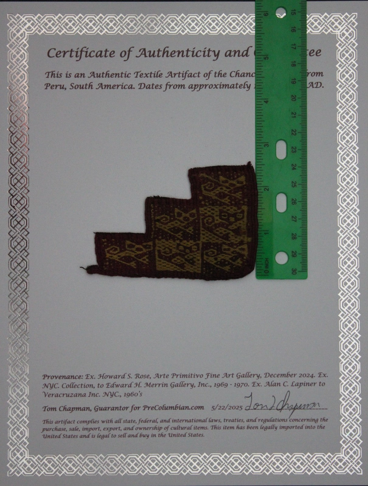 Authentic Pre Columbian Artifact Frameable Textile Border Chancay Peru COA 05