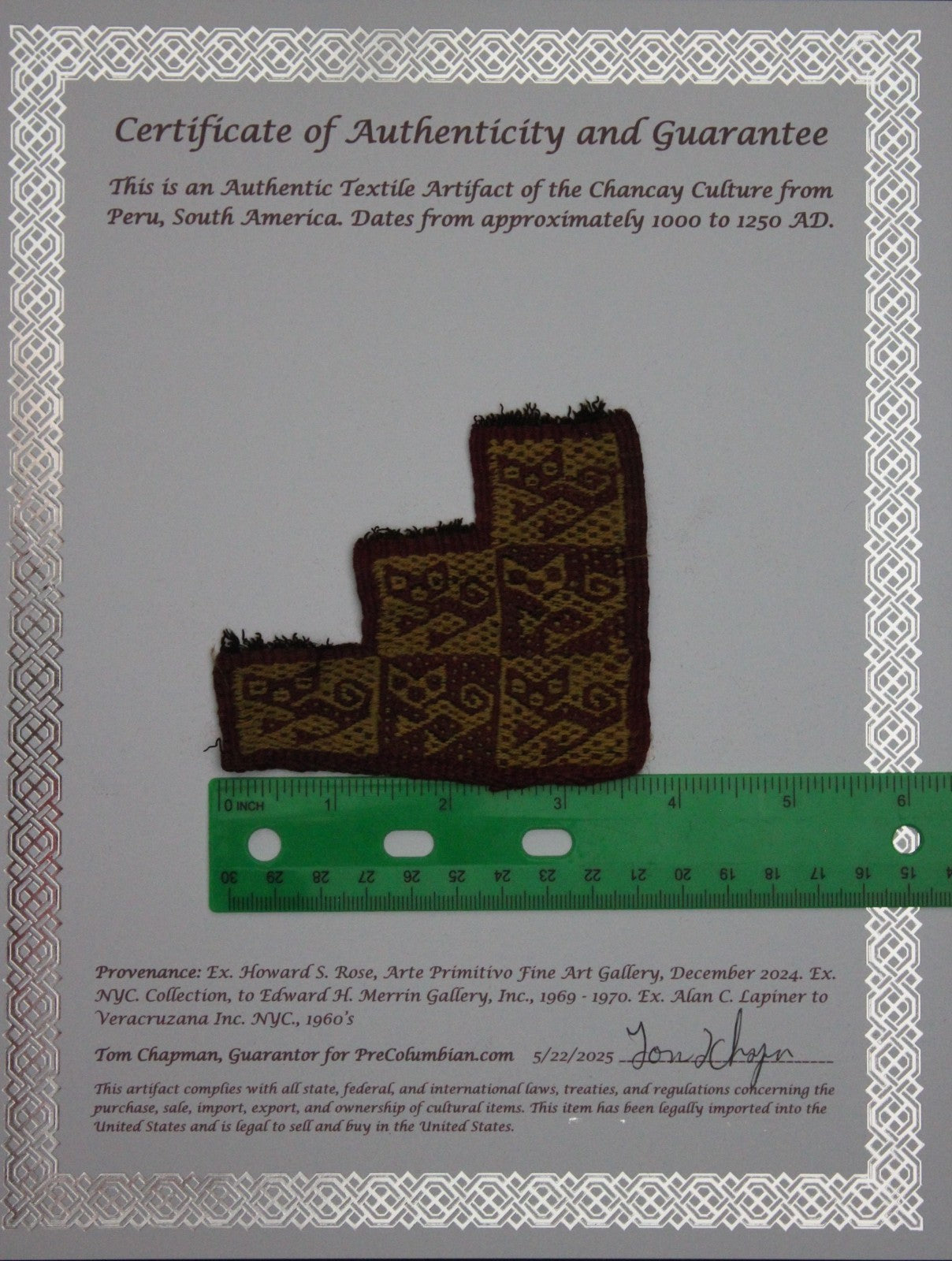 Authentic Pre Columbian Artifact Frameable Textile Border Chancay Peru COA 18