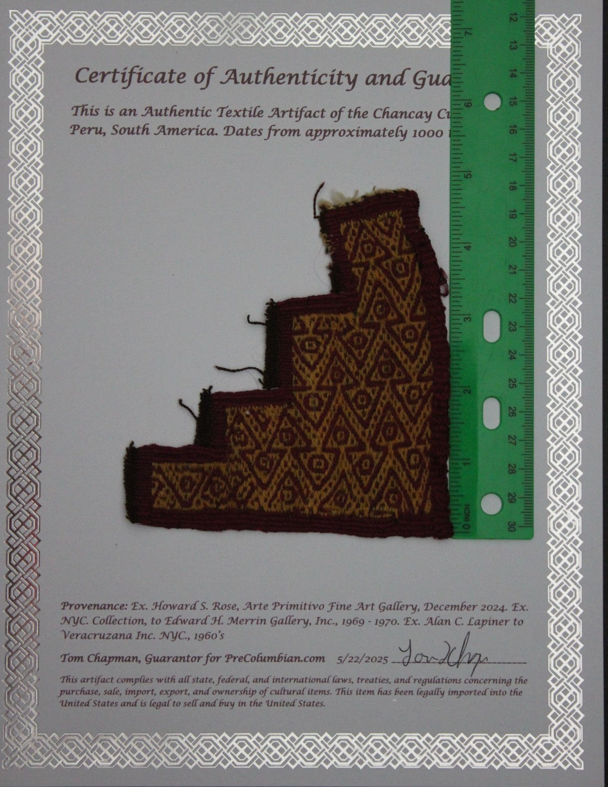 Authentic Pre Columbian Artifact Frameable Textile Border Chancay Peru COA 20