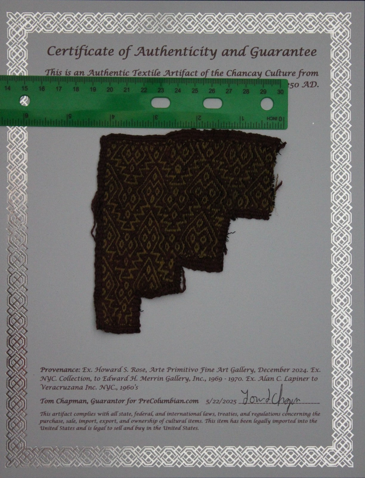 Authentic Pre Columbian Artifact Frameable Textile Border Chancay Peru COA 19