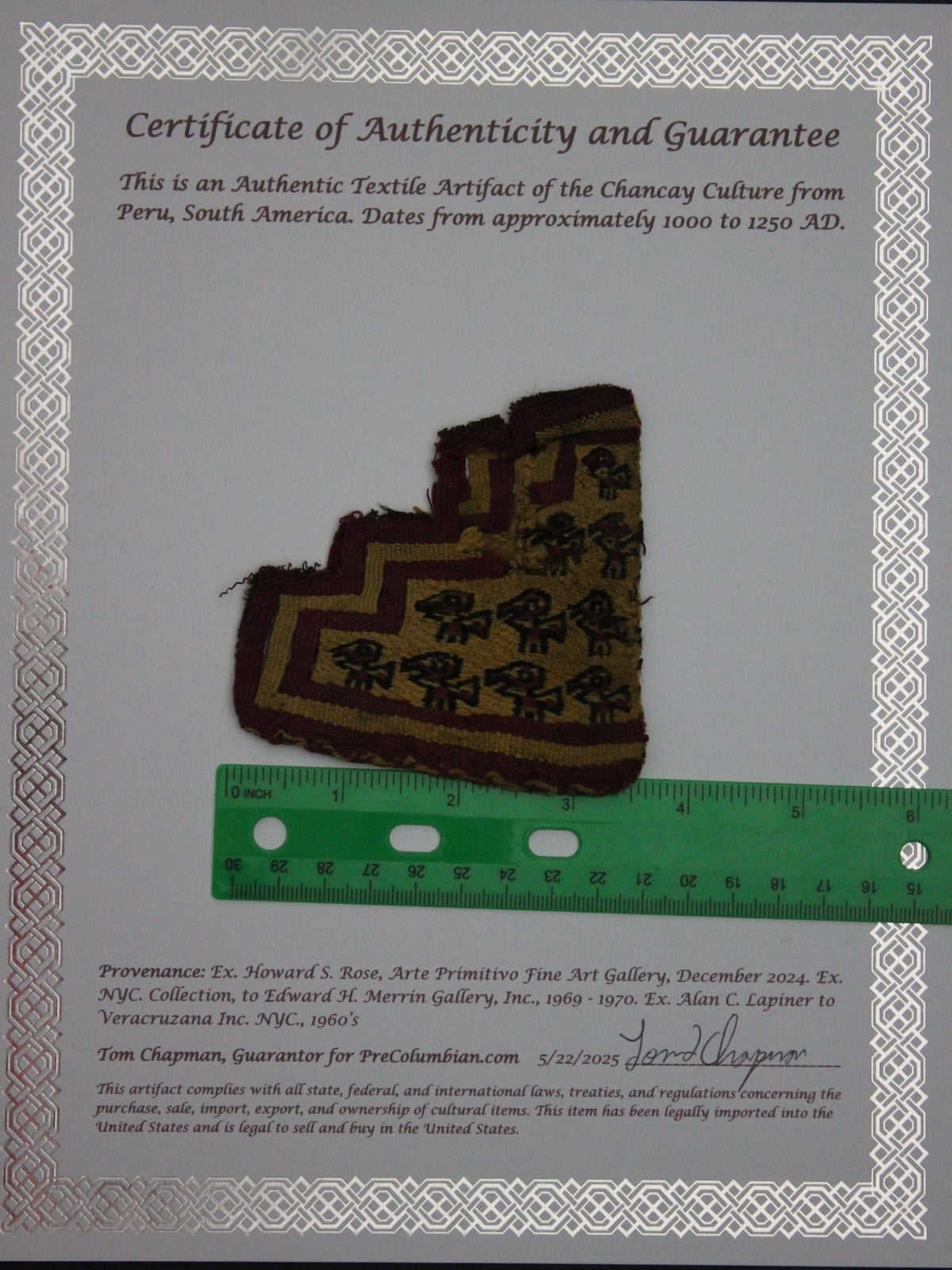 Authentic Pre Columbian Artifact Frameable Textile Border Chancay Peru COA 02